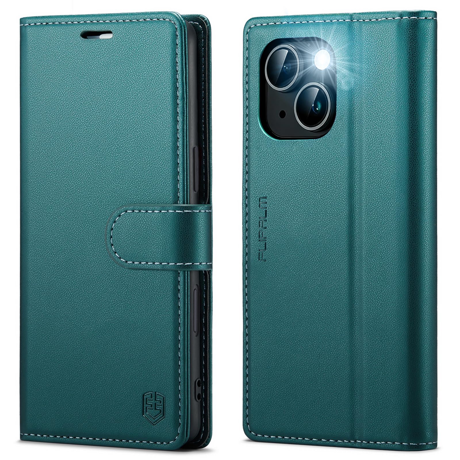 FLIPALM Wallet Case for iPhone 15 Series, RFID Blocking Credit Card Holder, PU Leather Folio Flip Kickstand Protective Shockproof Cover for Apple 15 Series (Green, iPhone 15 Plus - 6.7")