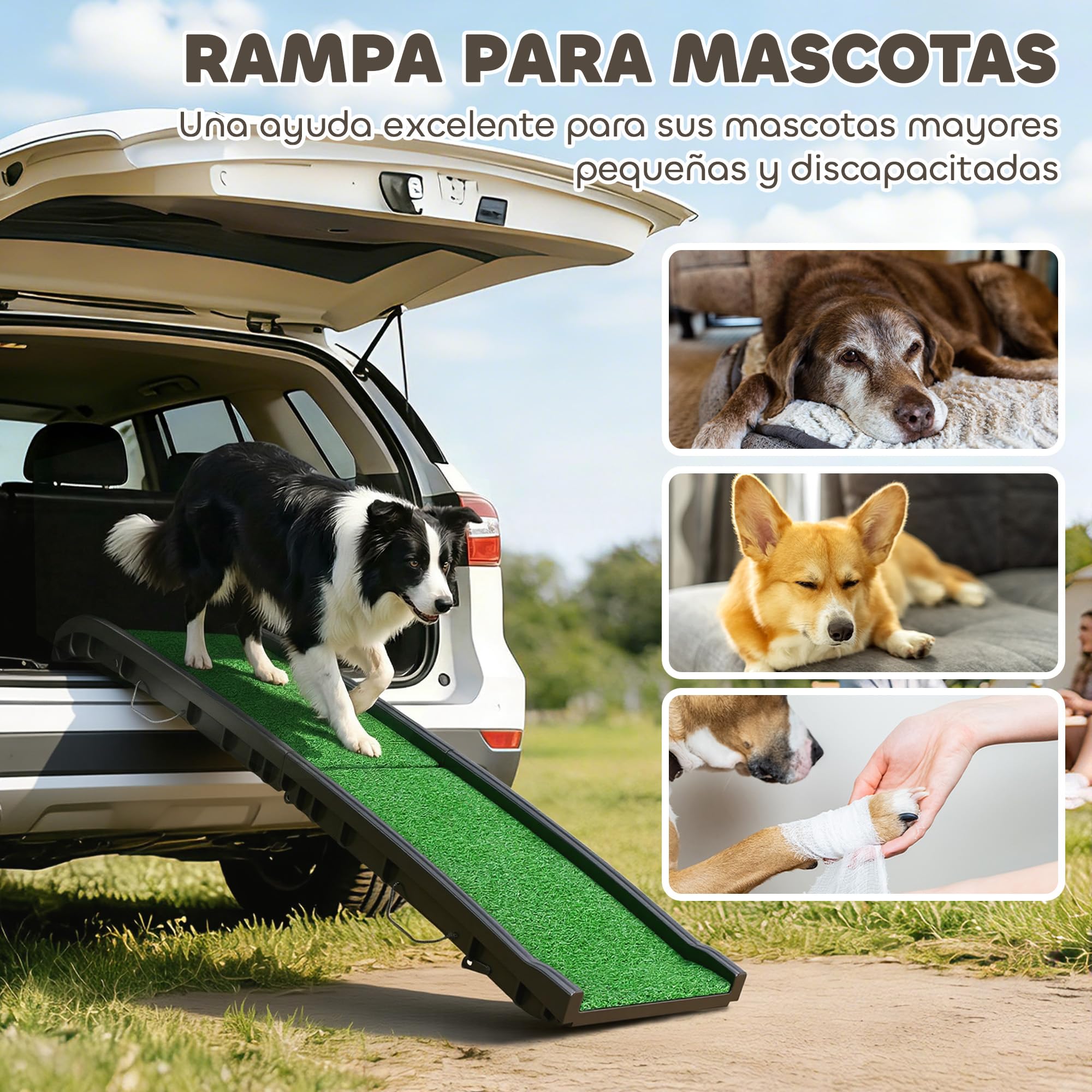 PawHut Rampa para Perros con Césped Artificial, 155 cm, Rampa para Perros para Coche Plegable con Asa, Ángulo Ajustable, Antideslizante, para Todas Las Razas, para Cama, Sofá, Verde - 4
