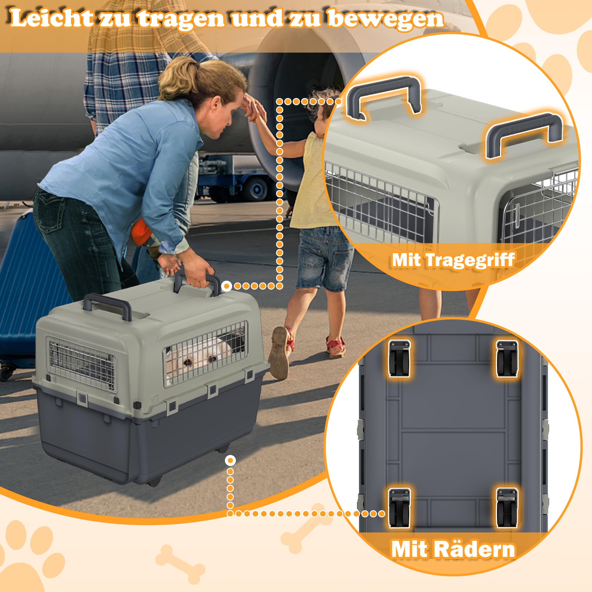 Trasportino per cani con ruote di trasporto, trasportino per gatti, in plastica, con porta di ventilazione, grande trasportino per cani (67 x 51 x 58,5 cm)