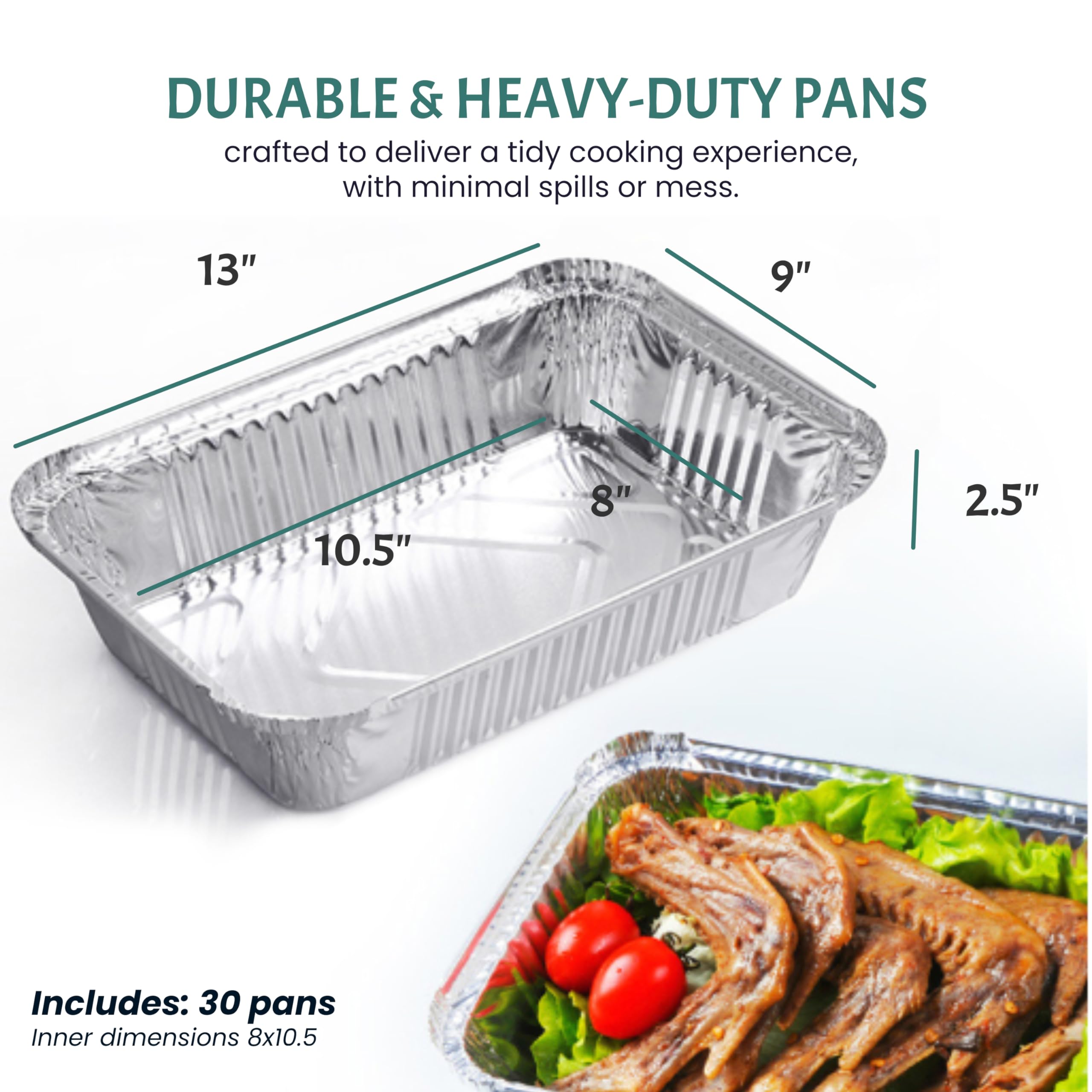 Sartenes de aluminio de 9 x 13 pulgadas (paquete de 30) – Sartenes desechables de aluminio para hornear con alta conductividad térmica para asar, cocinar, almacenar, preparar, sartenes de