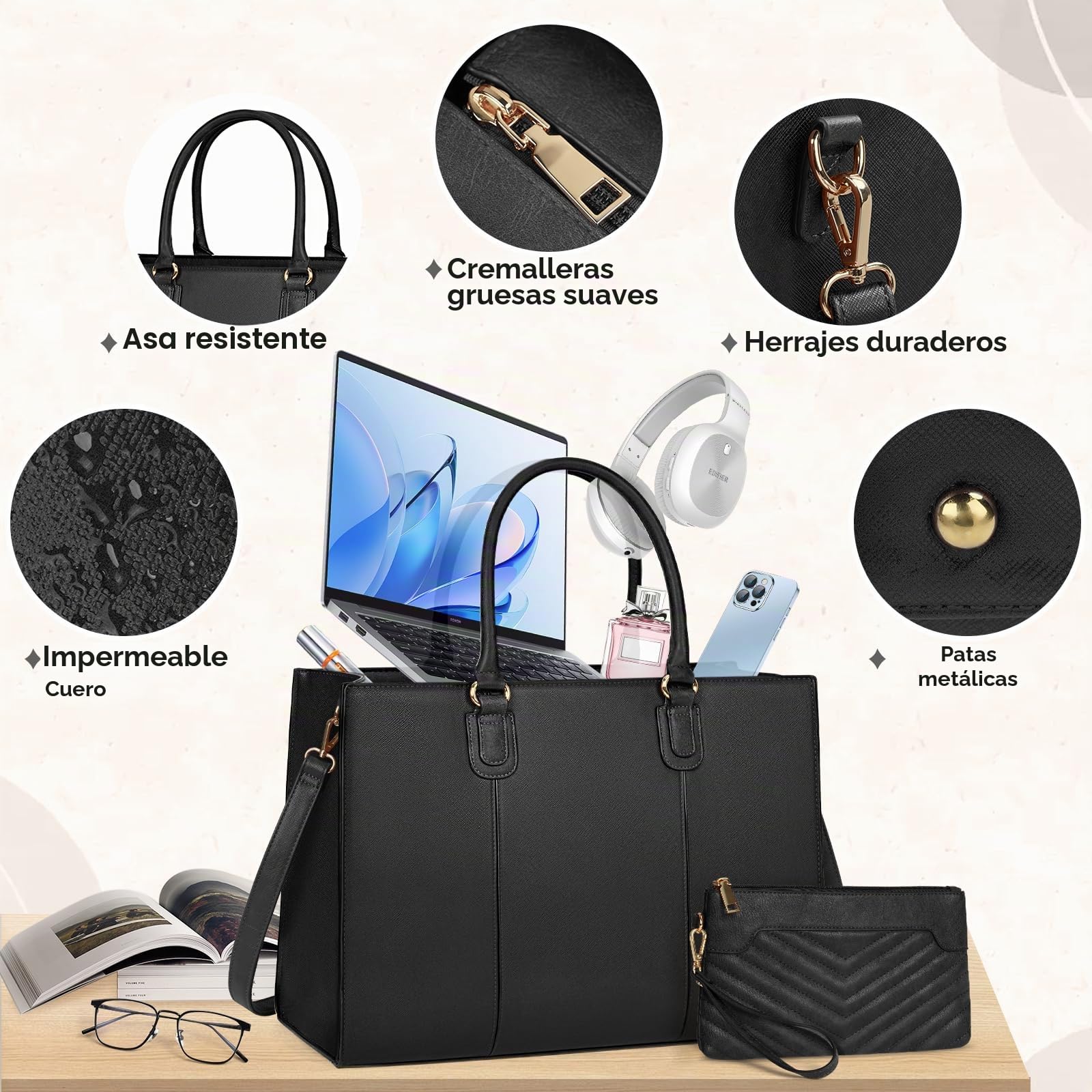 NEWHEY Bolso Universidad Mujer 15.6 Pulgadas Laptop Bolsa Trabajo Tote Grande con Embrague Cuero PU Maletín Bandolera Escuela Messenger Bolsa de Hombro Oficina Viajes Negocios