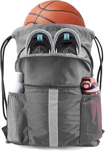 BeeGreen Mochila con cordón y compartimento para zapatos, mochila negra grande para gimnasio y deportes