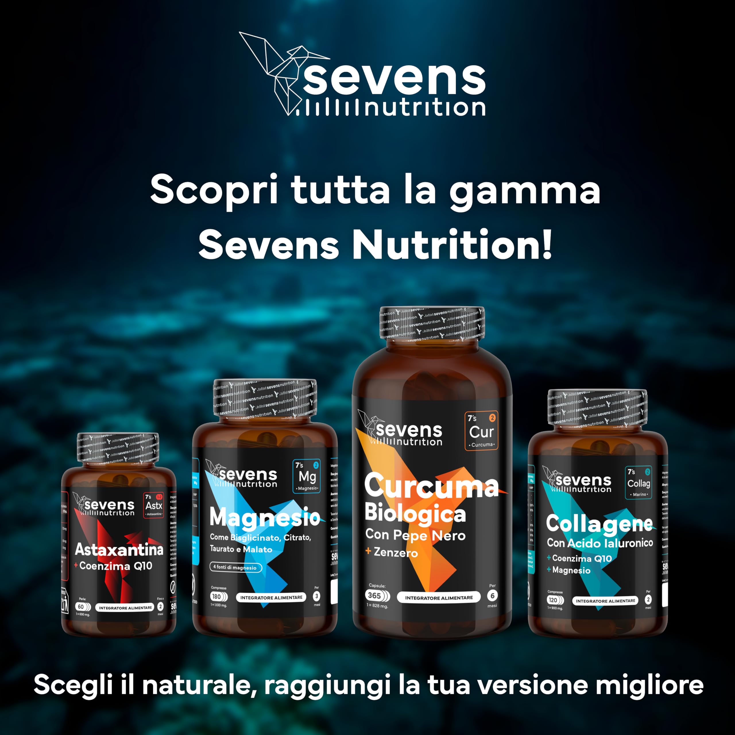 Collagene marino con Acido Ialuronico Idrolizzato Puro - Integratore con Magnesio, Q10 e Vitamine A, C, D3, B12, Zinco - 120 Capsule – Pelle, Ossa e Articolazioni – Sevens