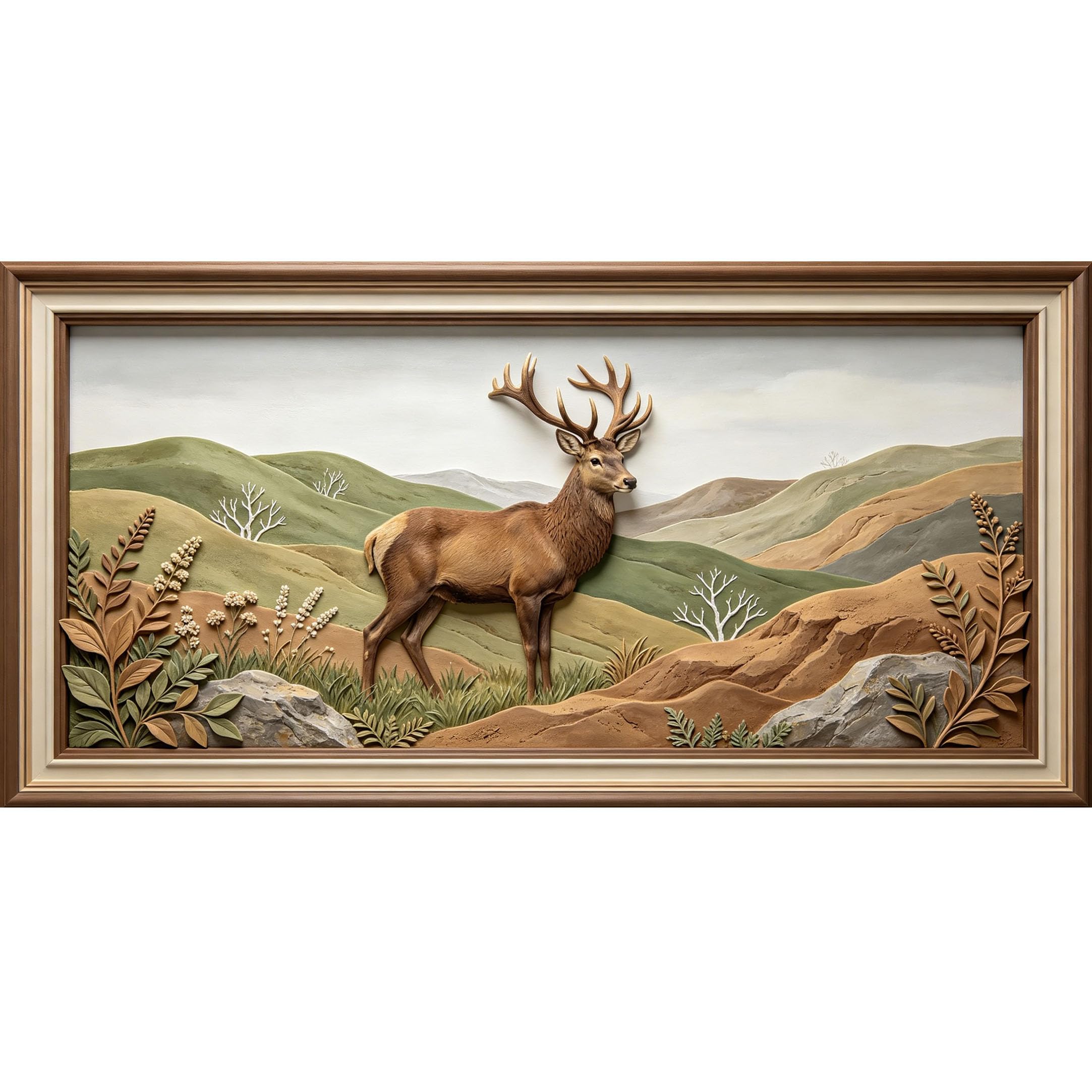 Agglomerix 3D Framed Wall Art Deer Mountain Landscape Nature Relief Effect Large Size SelfAdhesive Removable Wall Decor Prints Artwork for Living Room Bedroom Office