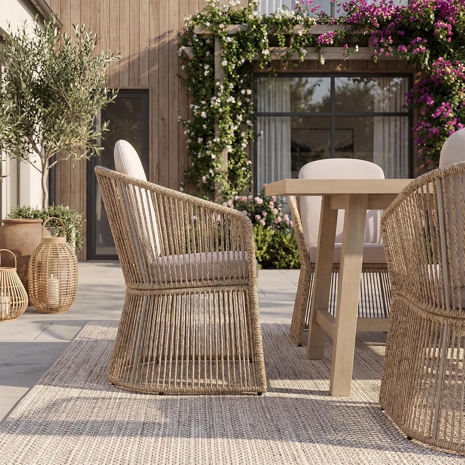 SUNSITT 7 Piece Outdoor Patio Dining Set, Patio Dining Furniture Set with 76” Aluminum Dining Table w/Umbrella Hole and 6 Woven Wicker Outdoor Patio Chairs w/Curved Armrest for Garden, Beige