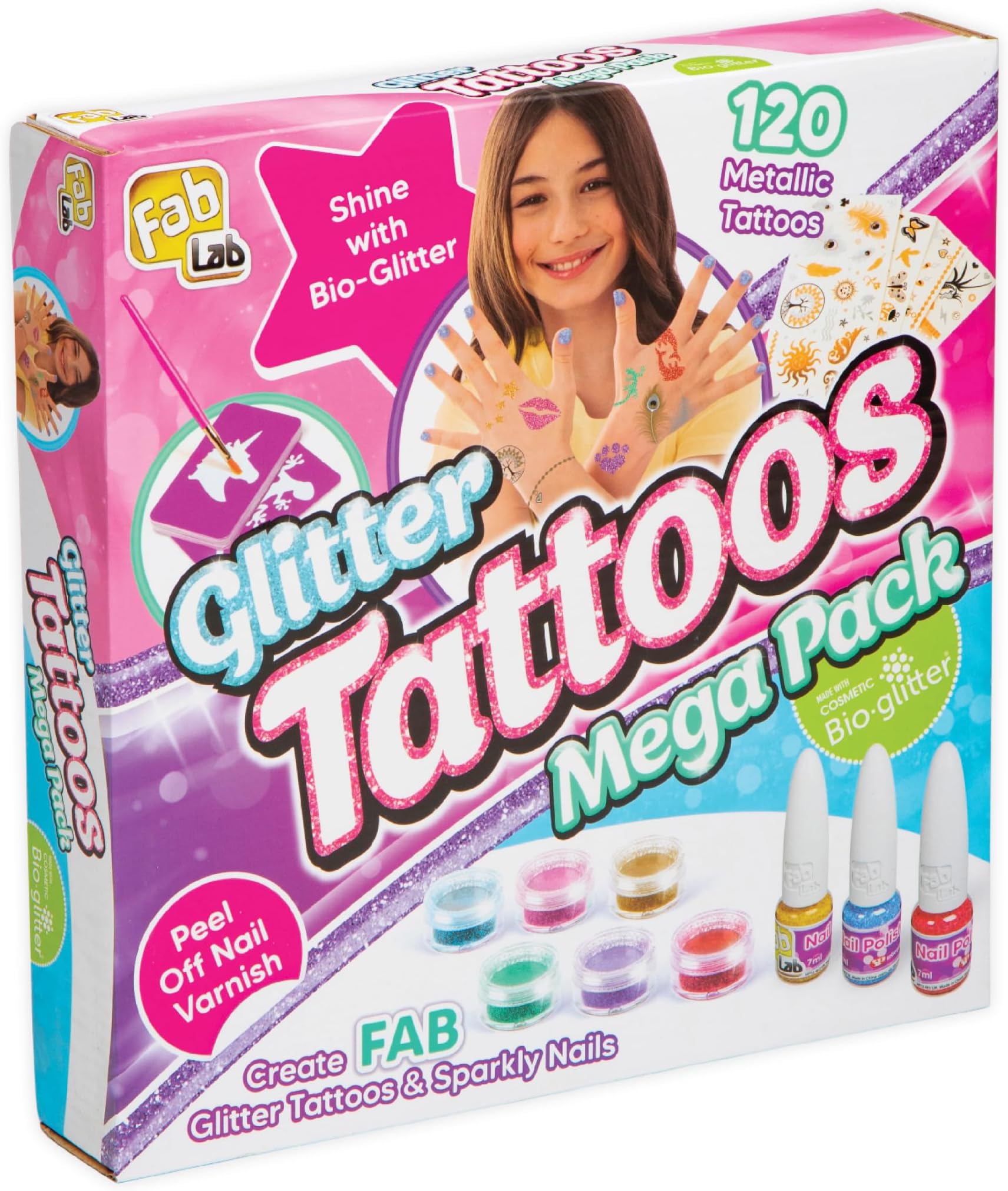 FabLab Glitter Tattoos - Mega Pack | Create FAB Glittery Kids Tattoos! | Includes 28 Stencil Designs and 120 Metallic Tattoos with Extra Sparkly Colours of Bio-Glitter | Girls Gifts for Ages 8+