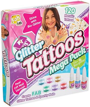 FabLab Glitter Tattoos - Mega Pack | Create FAB Glittery Kids Tattoos! | Includes 28 Stencil Designs and 120 Metallic Tattoos with Extra Sparkly Colours of Bio-Glitter | Girls Gifts for Ages 8+