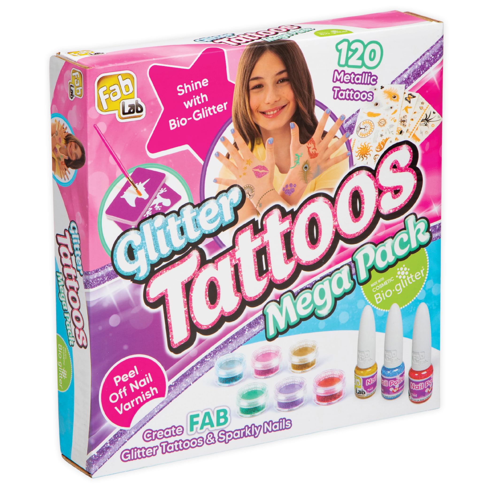 FabLab Glitter Tattoos - Mega Pack | Create FAB Glittery Kids Tattoos! | Includes 28 Stencil Designs and 120 Metallic Tattoos with Extra Sparkly Colours of Bio-Glitter | Girls Gifts for Ages 8+