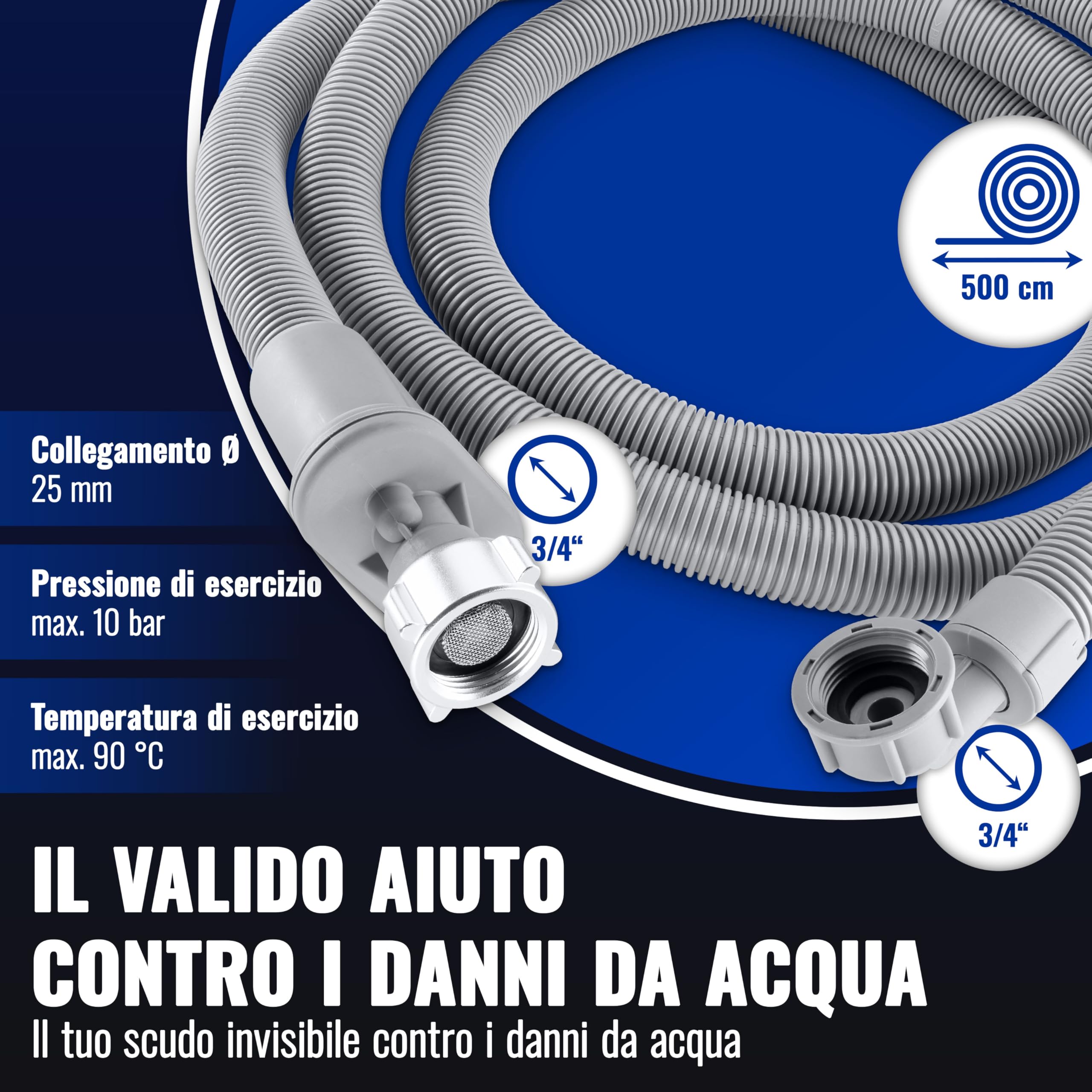 Poppstar Tubo per lavatrice 5m (tubo con aquastop per lavatrice, lavastoviglie), attacco 3/4 di pollice