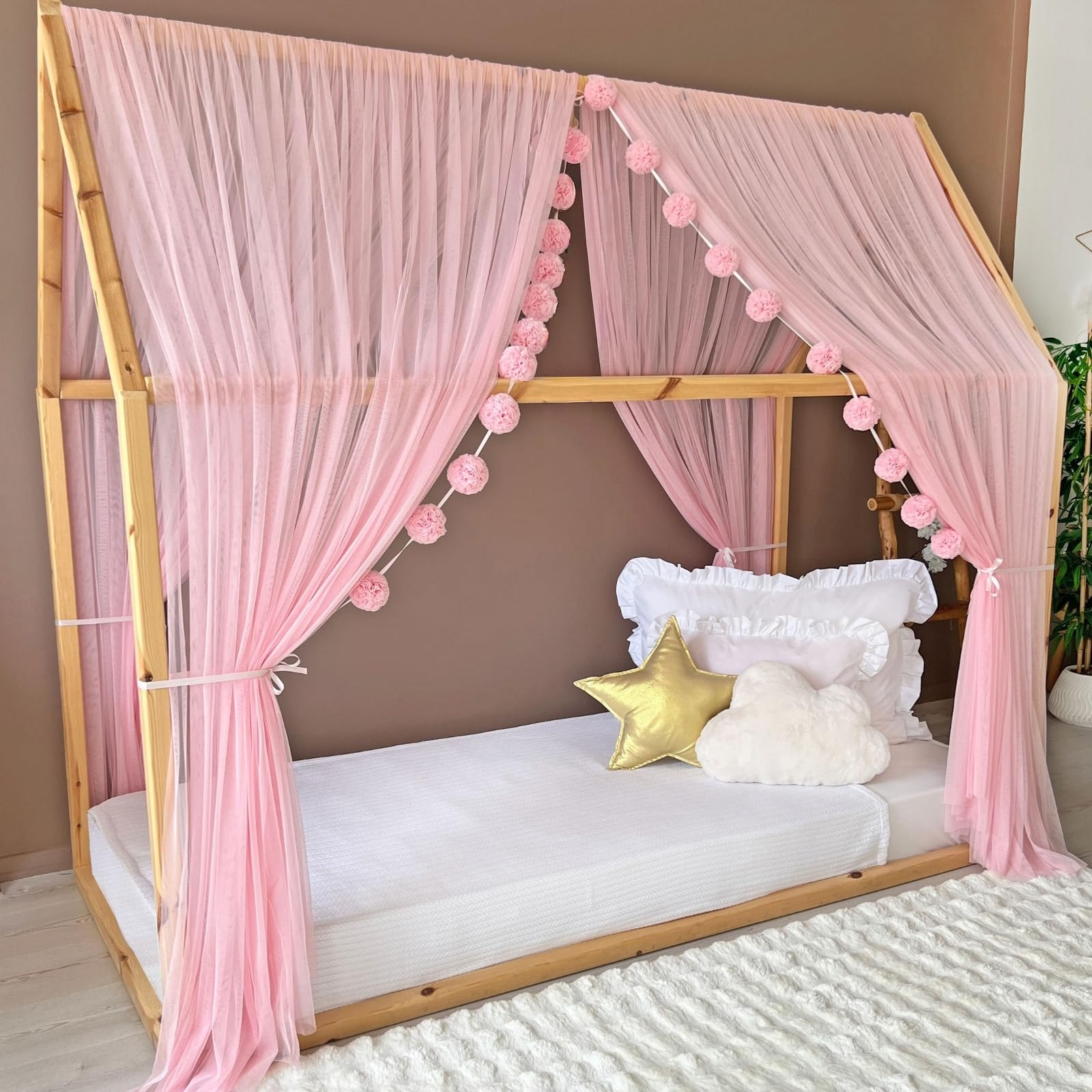 Montessori - Toldo de cama para dormitorio de niñas y niños, elegante decoración de habitación de niños, cortina de cama Montessori para niños pequeños con drapeado suave (rosa, 320 cm, juego