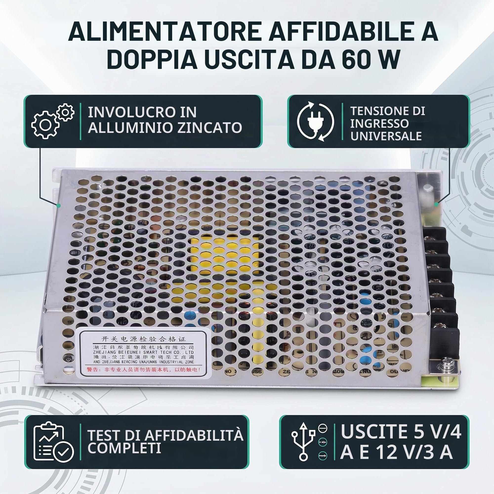 Alimentatore Switching a LED Universale, D-60A Alimentatore Switching Doppia Uscita DC 5V/4A 12V/3A Tensione di Ingresso 115/230VAC D-60A