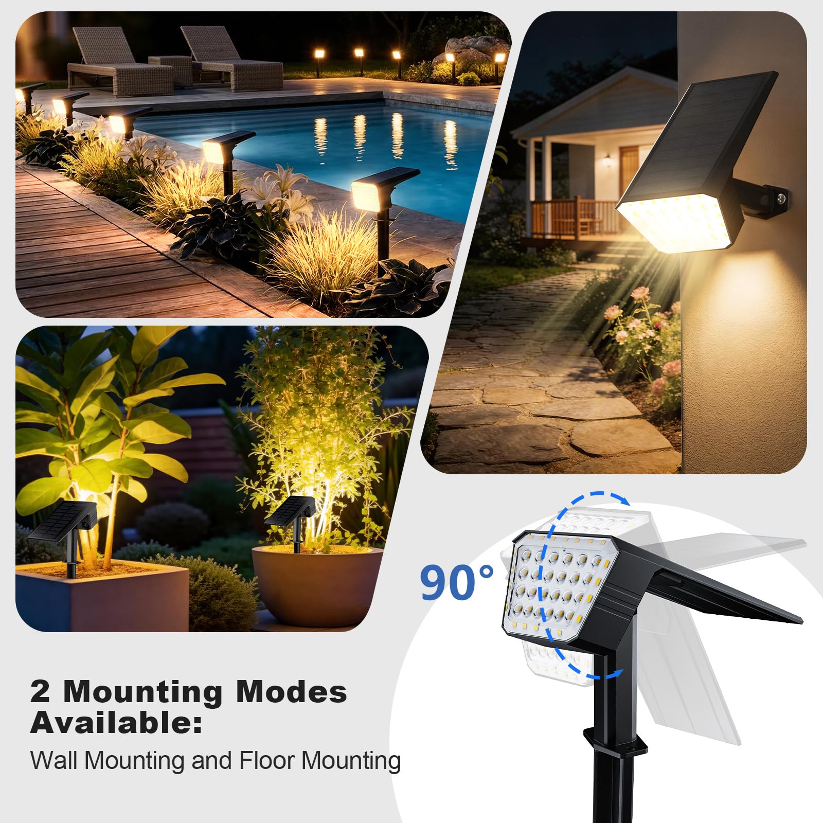 FIFlying Luces Solares LED Exterior Jardin 2 Piezas, 44 LED Focos LED Exterior Solares, 3 Modos Impermeable IP67 Foco Solar para Patio, Caminos, Terraza, Calzada, Piscina, Césped - Blanco Cálido - 5