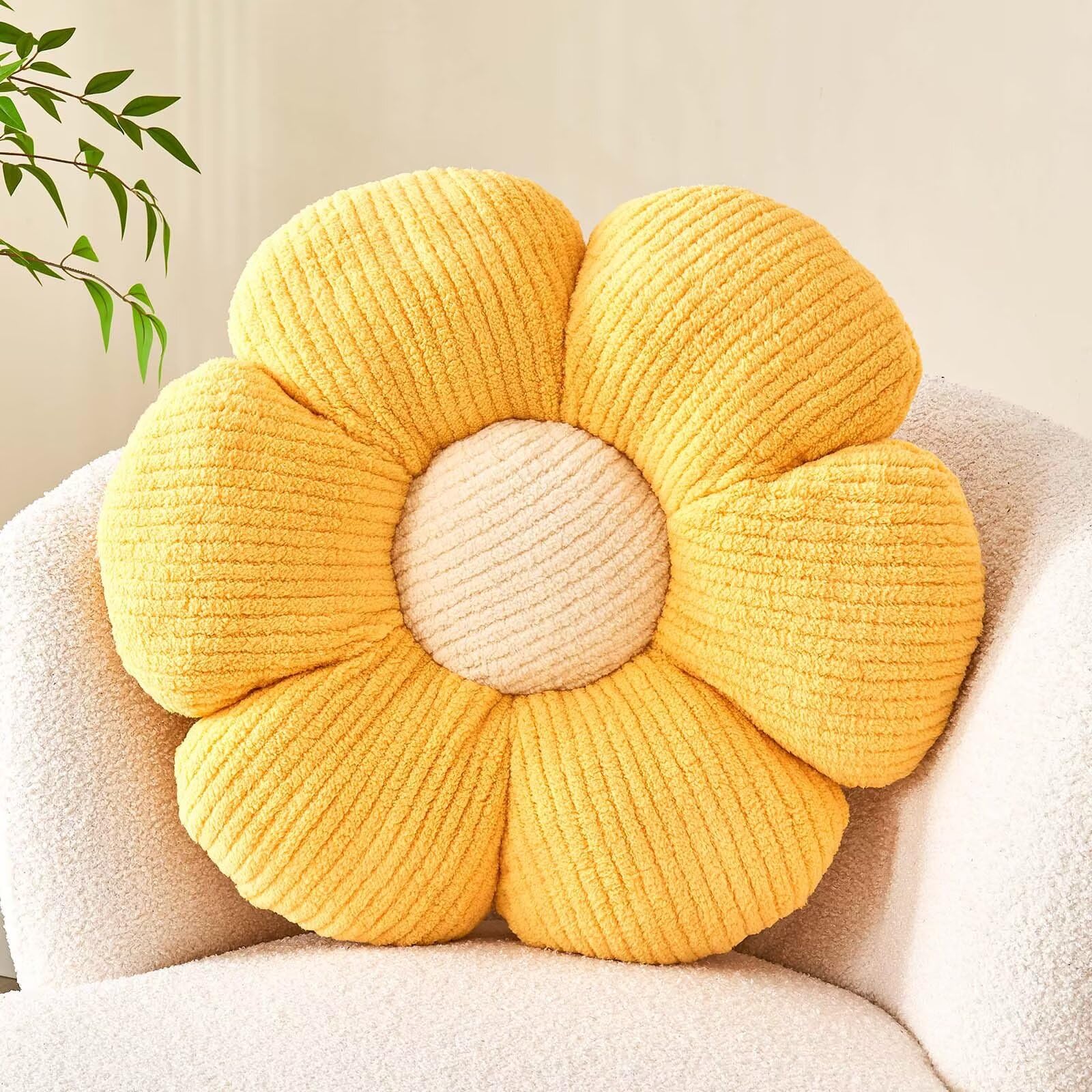 Kcvvcr Flower Throw Pillow, Soft Yellow 19.6" Shaped Floor Pillow for Home Decor, Cute Aesthetic Plush Decorative Pillows for Bed, Sofa, Couch