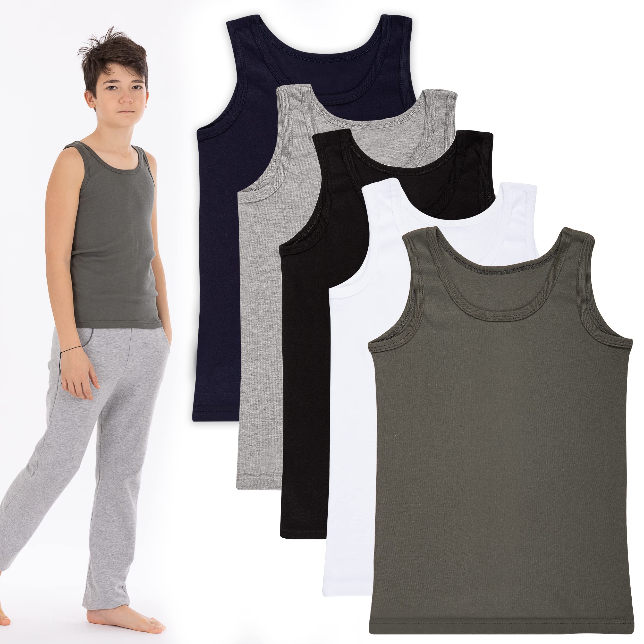 LOREZA 5 Pack Jungen Unterhemden Feinripp 100% Baumwolle ohne Seitennaht Tank Top - Atmungsaktiv und Formstabil