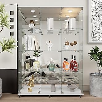 Beauty4U Glass Display Cabinet with LED Lights and Mirror, Extra Large 3 Columns Curio Cabinets with 12 Shelves for Living Room, Bedroom, Office, White Floor Standing Bookshelf, Quick Installation
