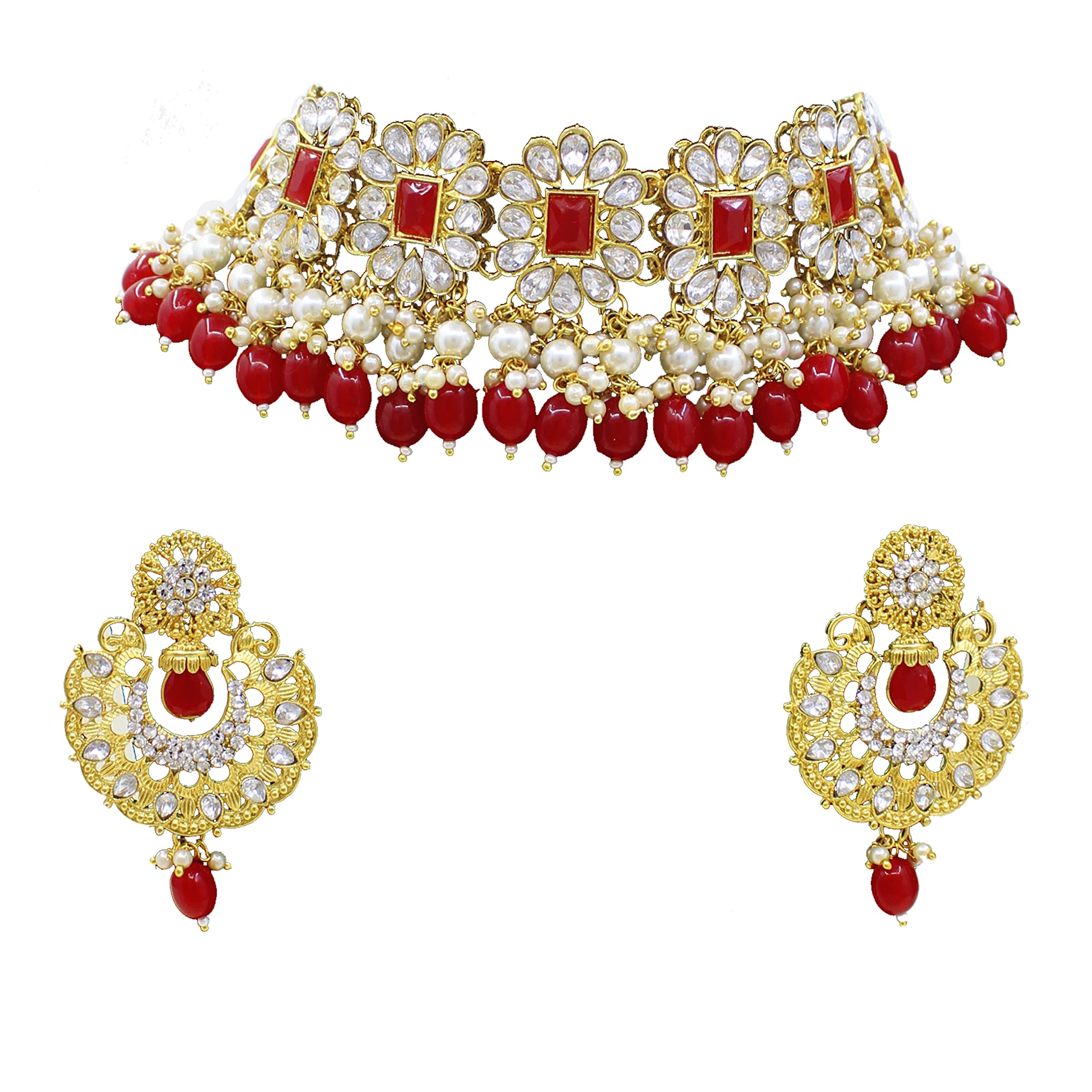 SAIYONI Alloy Stone Work Gold Plated Pearl & Beads Choker Necklace set - Red (B09QHXJW4Q) Amazon Price History, Amazon Price Tracker