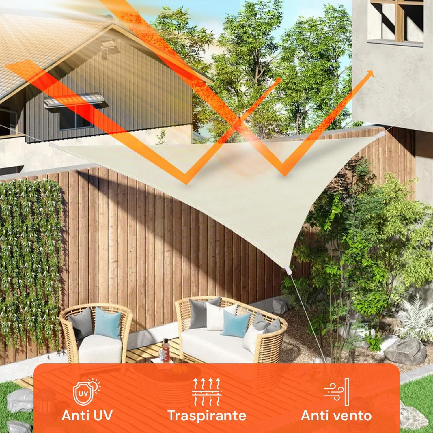 Tenda da Sole per Esterno Triangolare 5x5x5 m con Protezione UV e Pioggia - Telo Idrorepellente in Poliestere 210D - Facile da Montare