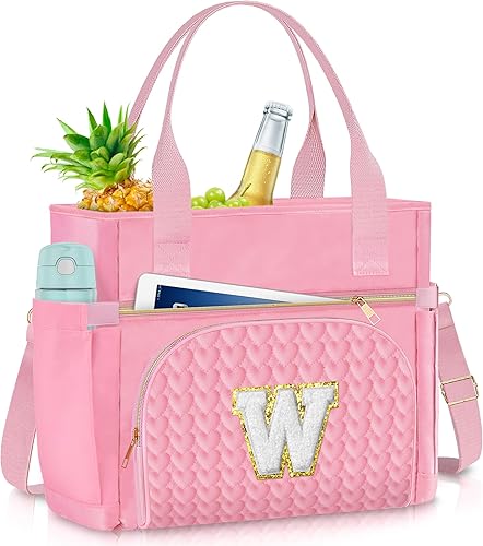 QLOVEA Regalos personalizados para esposa, lonchera aislada con inicial, bolsillos con cremallera, correa para el hombro, 22 latas, bolsa de
