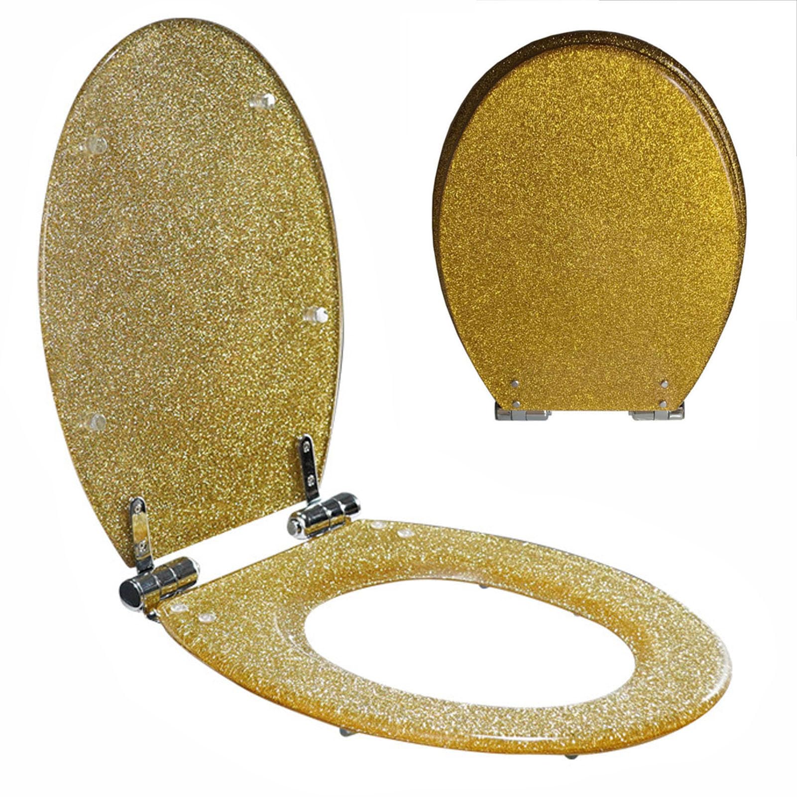 Owalna Deska sedesowa z żywicy Golden Glitter Deska sedesowa o wolnym opadaniu z cicho zamykającą się pokrywą i deską sedesową, mocowanie od góry, zawiasy ze stali nierdzewnej, 42x36cm