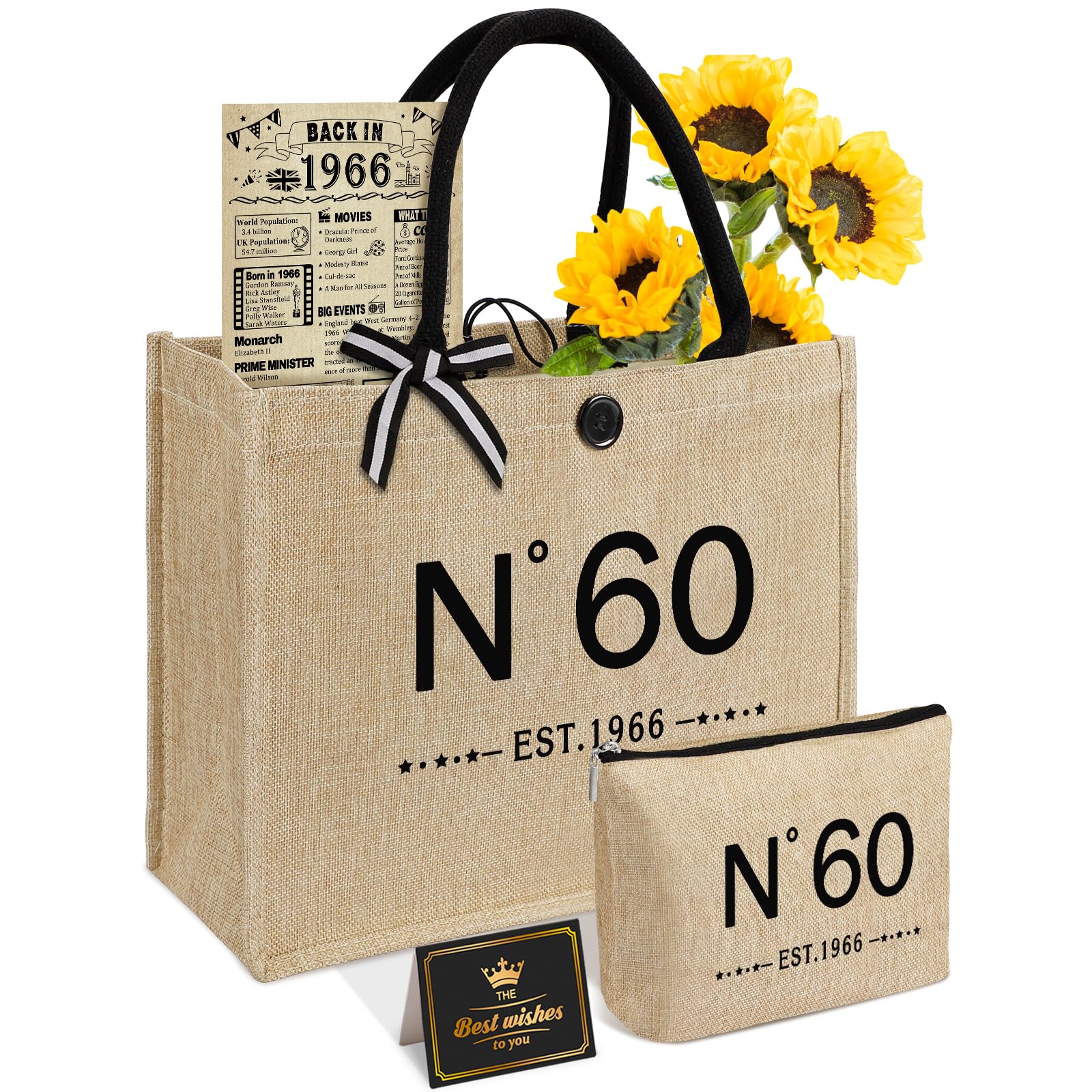Amosking 60th Birthday Gifts for Women Jute Tote Bag, Vintage N°60 Burlap Handbag with Cosmetic Bag and Back in 1966 Poster, Unique 60 Years Old Gifts for Mum Wife Friends Sister Her — image 1