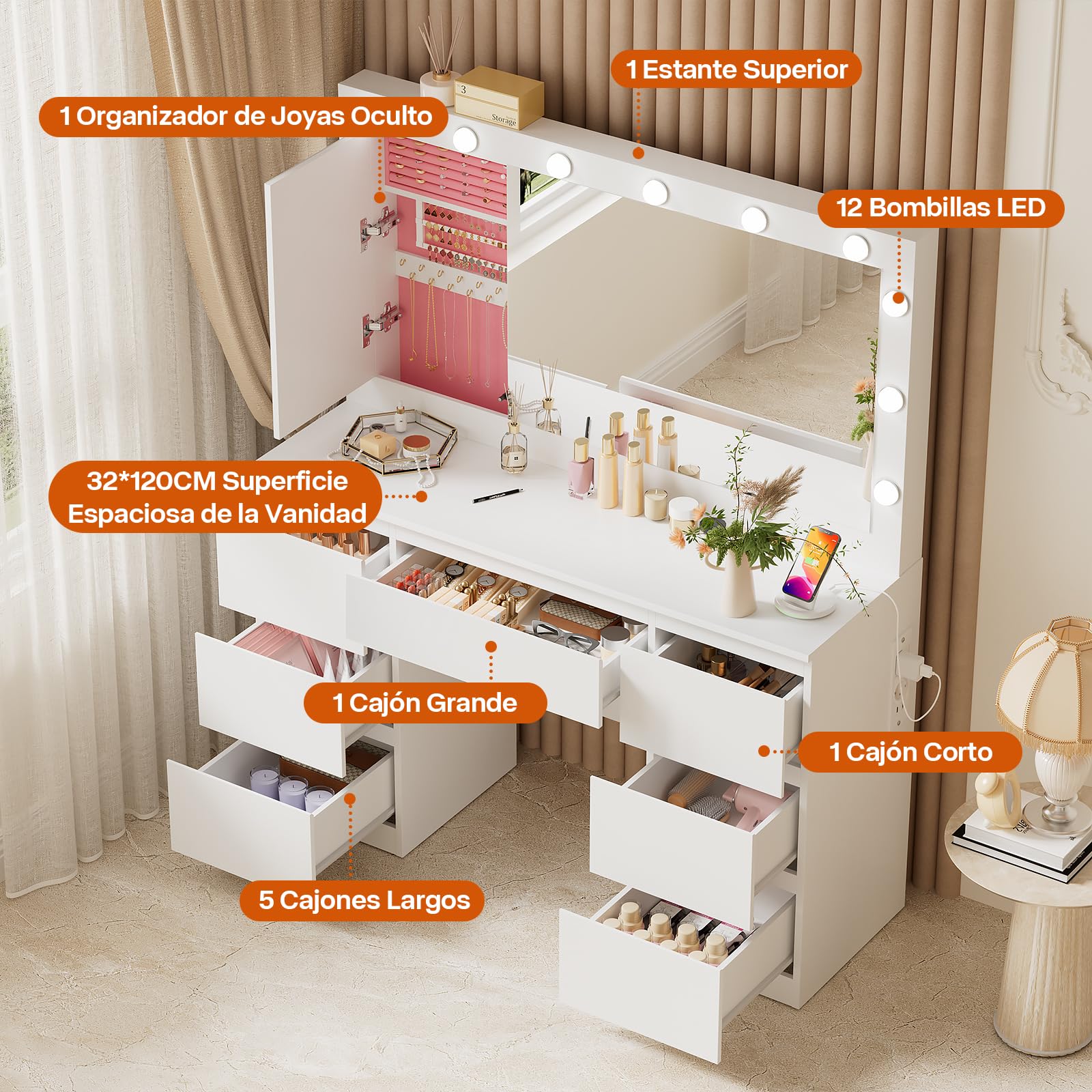 TRIUMPHKEY Tocador de Maquillaje con Luz Espejo Grande y Enchufes, 12 Luces LED Ajustables, Mesa de Maquillaje con 7 Cajones y Organizador de Joyas, 120x40x140 CM Moderno Blanco