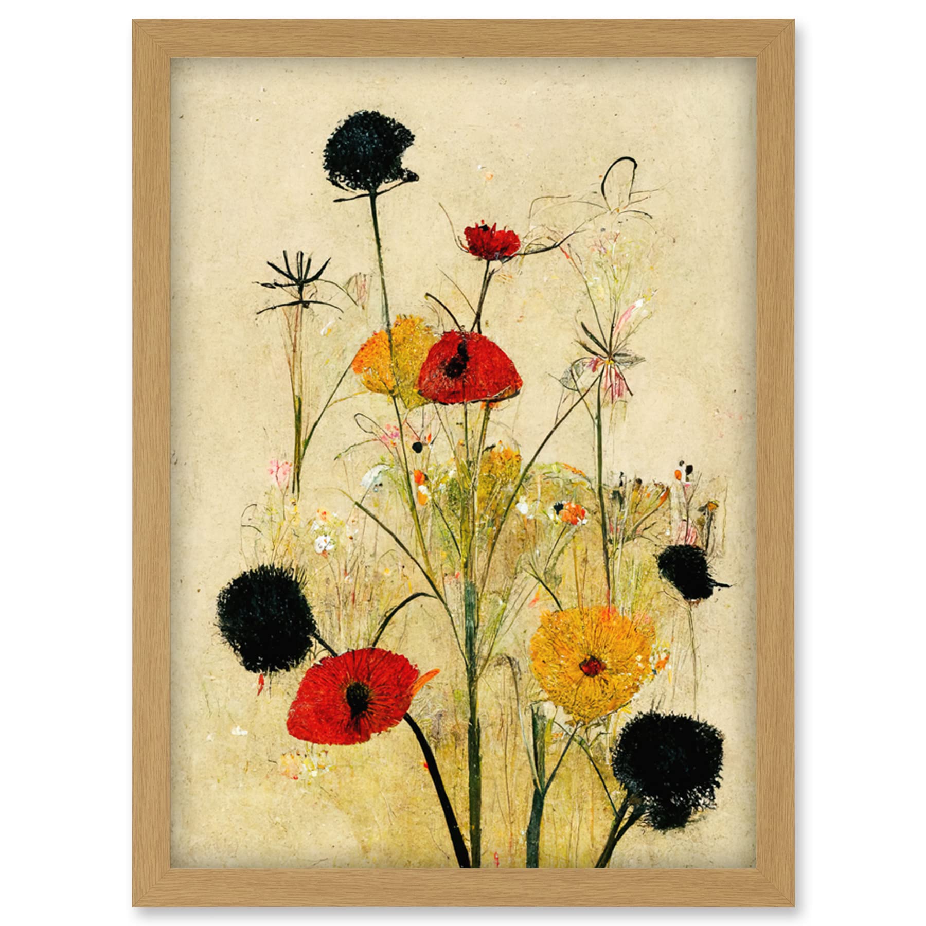 Red Poppies And Yellow Marigolds Wild Flowers Artwork Framed Wall Art Print A4
