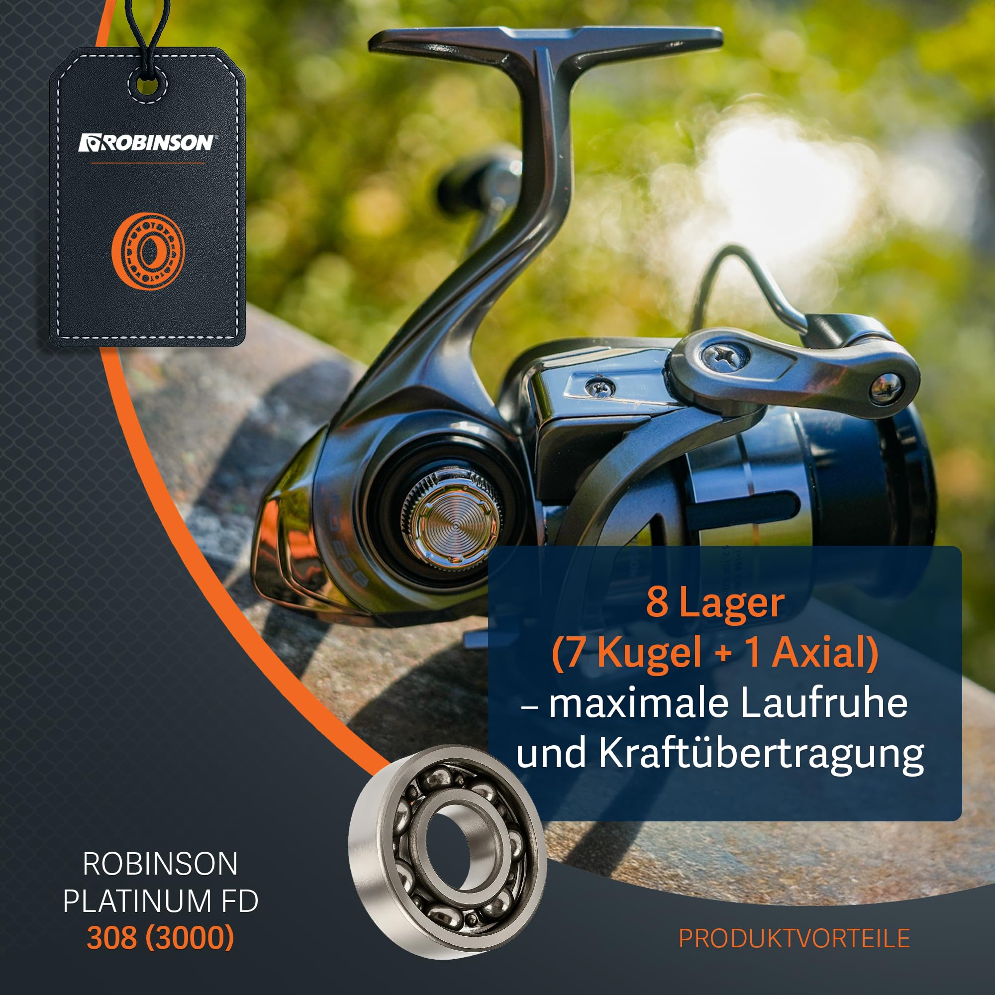 Robinson Angelrolle mit 8 Kugellagern - Rücklaufsperre - Graphitgehäuse - Aluminiumspule - 5.2:1 Übersetzung - 8kg Bremskraft - Spinnrolle - Platinum