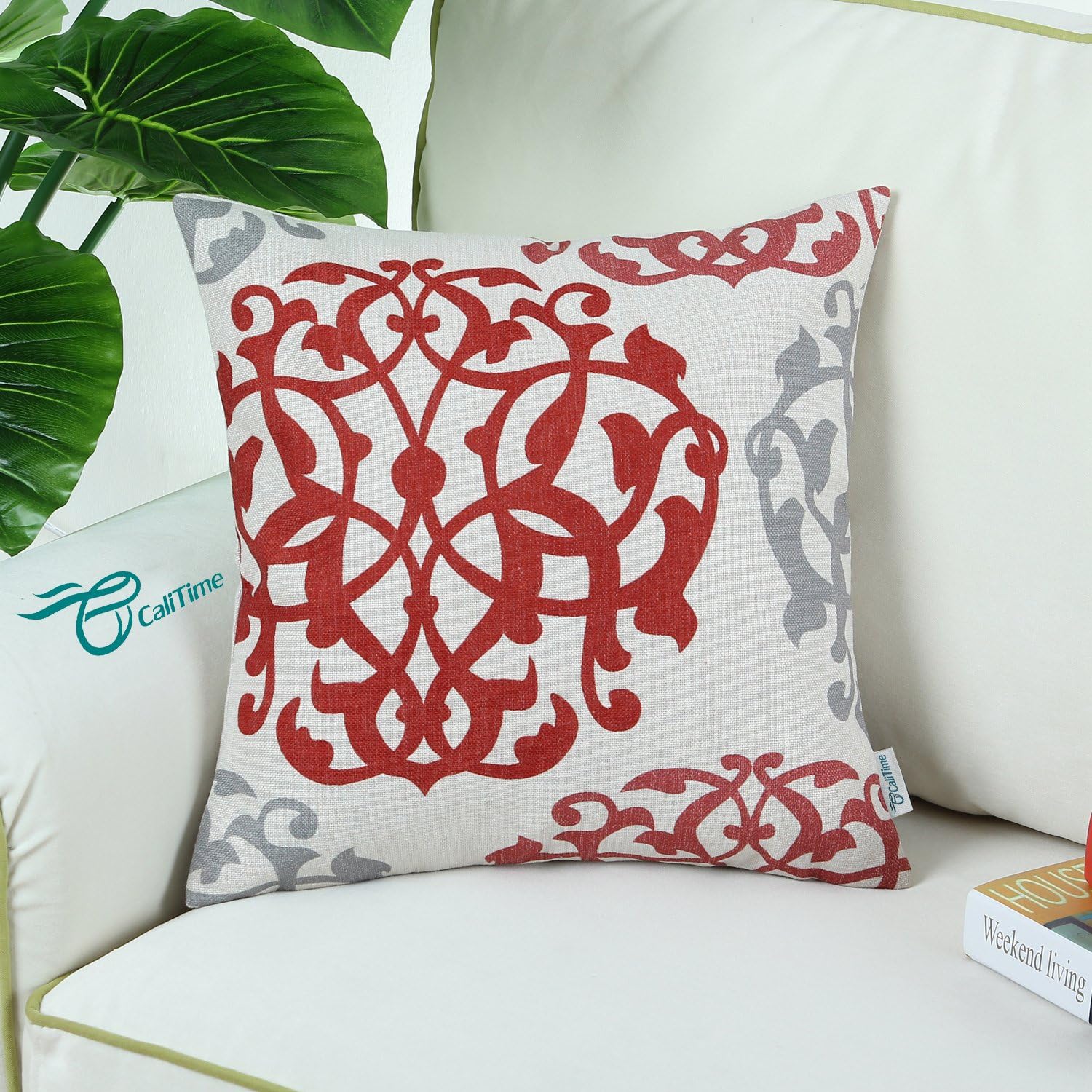 CaliTime Canvas Throw Pillow Cover Case for Couch Sofa Home Decoration Three-Tone Floral Compass Geometric 18 X 18 Inches Red/Gray
