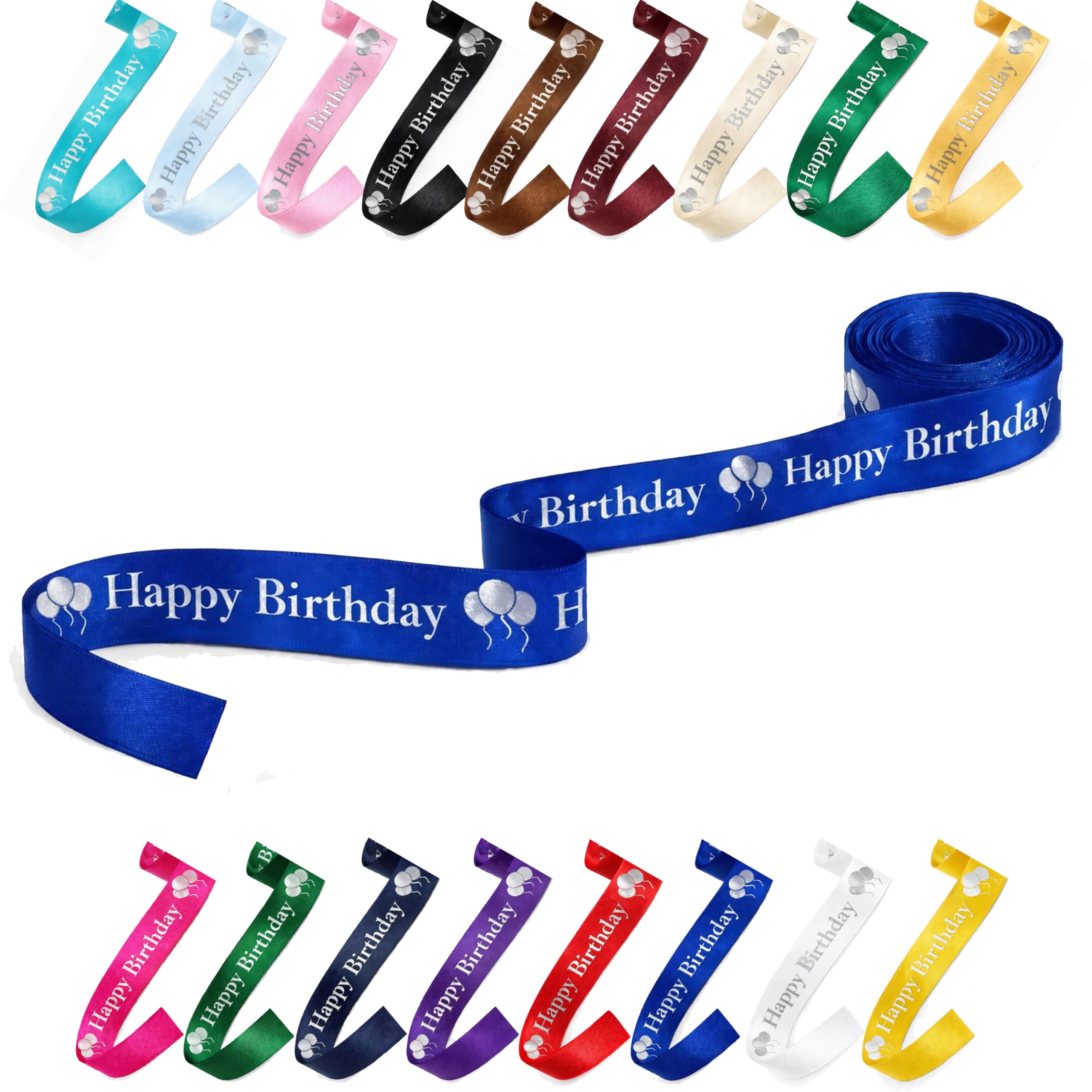 25mm (1") Wide Happy Birthday Luxury, Vibrant Satin Ribbon for Gift Wrapping, Flower Bouquet, Crafts, Balloons, Party Decoration with Metallic Silver Text & Balloon Print (Royal Blue, 10 Metres)