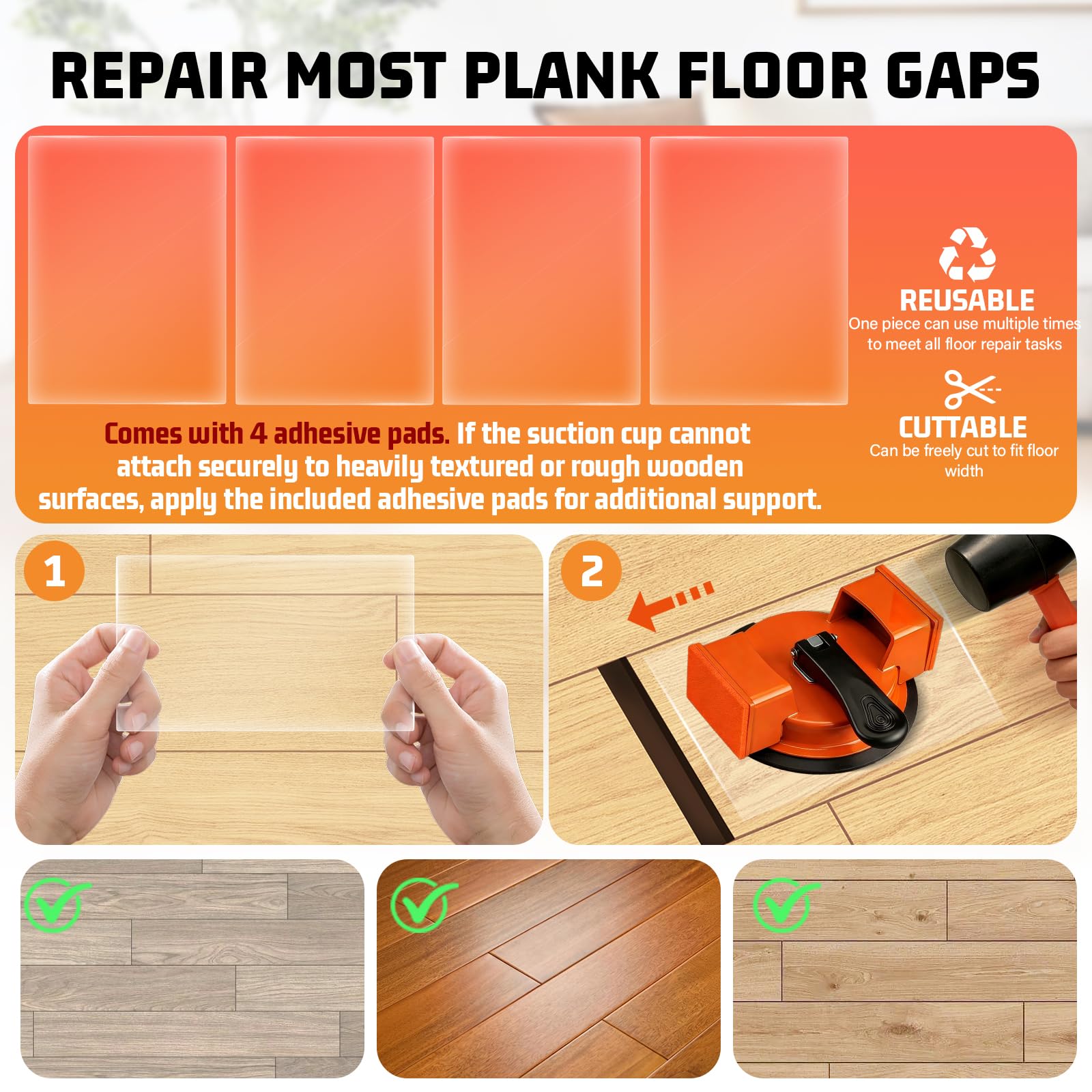 Floor Gap Repair Tool — Heavy Duty Plank Grabber with Enhanced Suction Cup Slot Cutter 4 Sticky Pads, Quick Lock Puller for Laminate Vinyl Engineered Hardwood Floors, Iron-Made Flooring Tools - 3