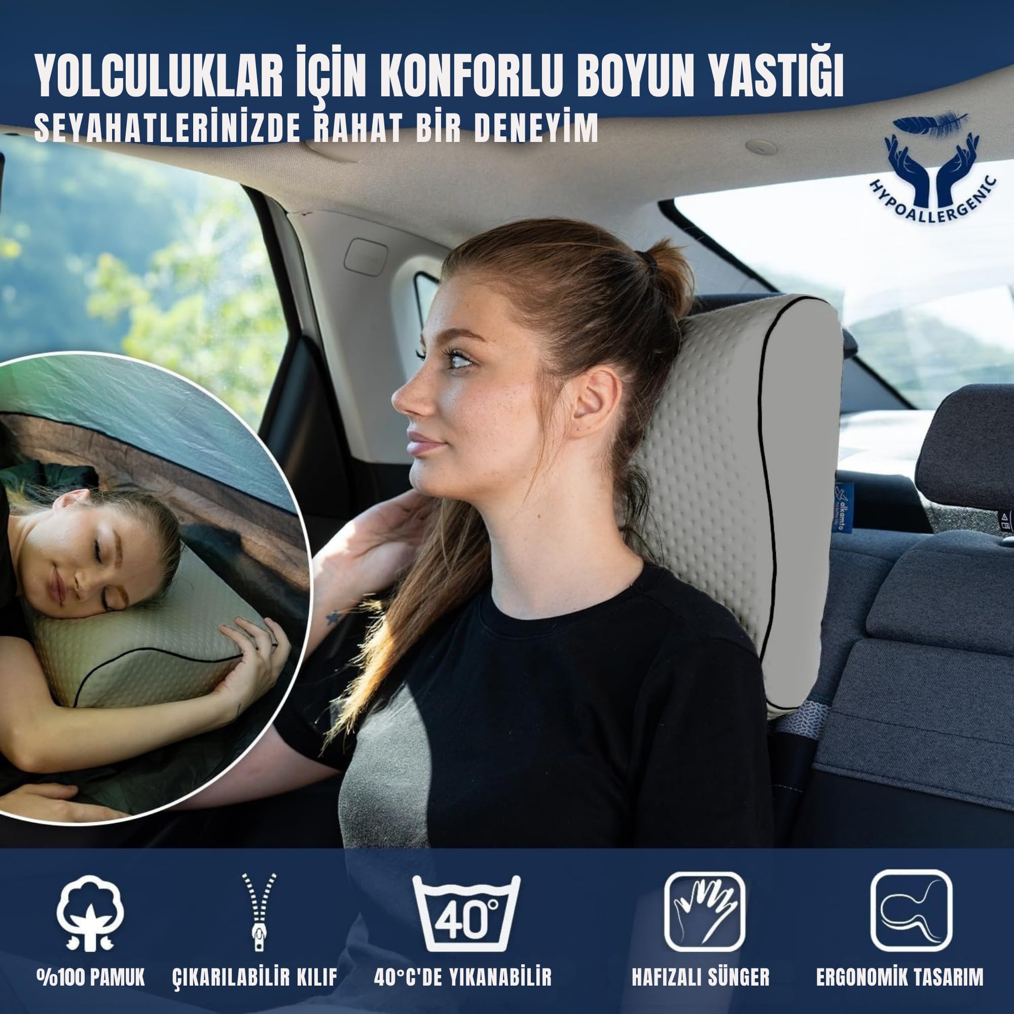 alkamto Almohada de viaje – Almohada ergonómica de espuma viscoelástica para acampar con funda de almohada que regula la temperatura, incluye bolsa de transporte impermeable (gris, 35 x 30 x 10/8 cm)