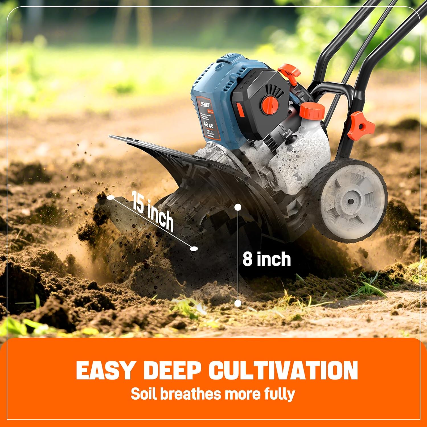 Image showing the removable blade feature of the SENIX 4QL Tiller Cultivator for easier cleaning.