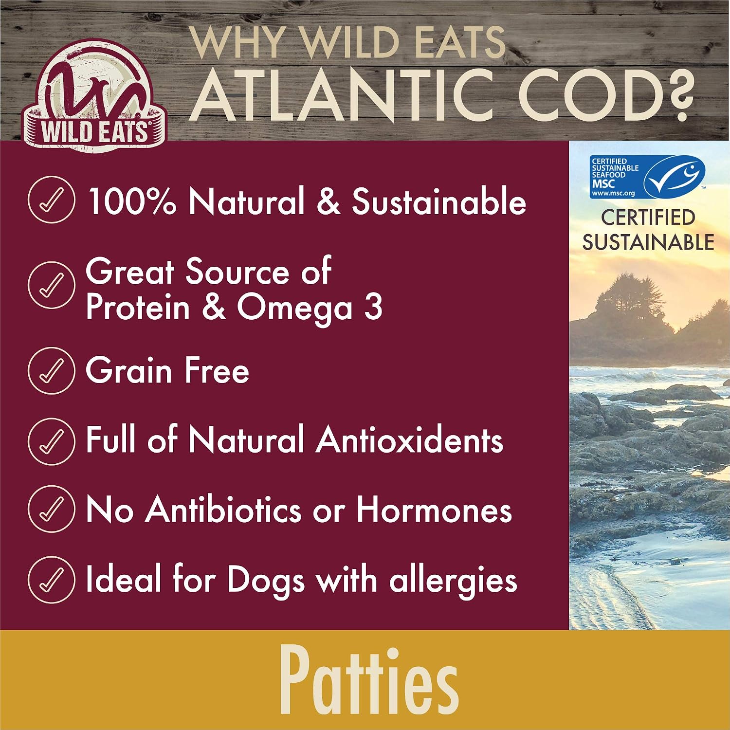 Wild Eats Cod Single Ingredient Dog Treats, Dog Chews & Dog Snacks (North Atlantic Cod - Great Alternative to Dog Bones, Dog Biscuits, Dog Chew Bones & Salmon Dog Treats) (Patties, 3 OZ)