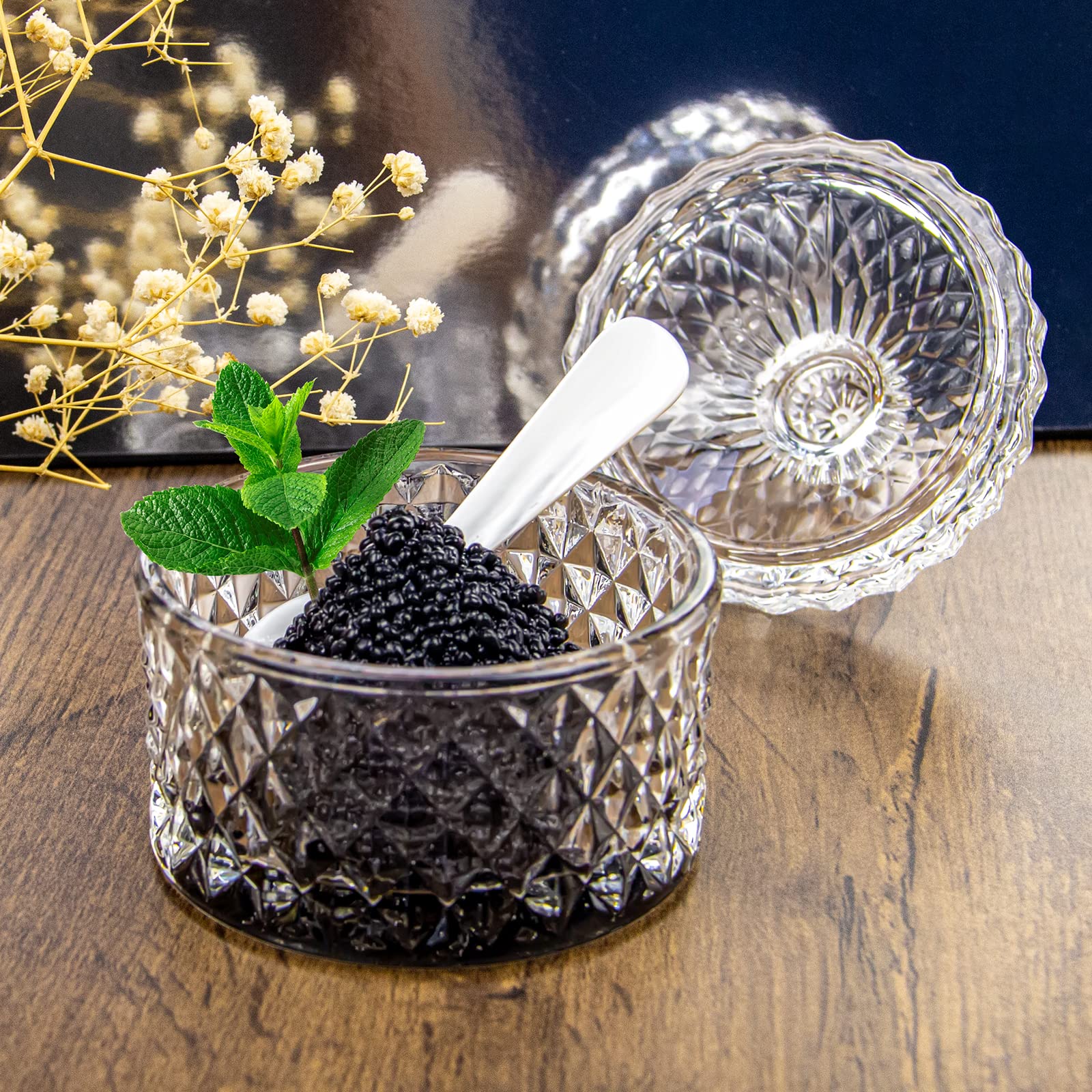 DUEBEL Dublin Ensemble refroidisseur de caviar en verre avec 2 cuillères en nacre de 8,9 cm – Idéal pour la cuisine, la restauration et le restaurant