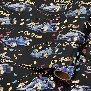 RayofSun Racing Car Wrapping Paper Roll for Boys Mini Roll Black Gift Wrap Paper Blue Race Car Gold Foil Lettering Wrapping Paper for Kids Birthday, Racing Party, Baby Shower 17inx16.5ft
