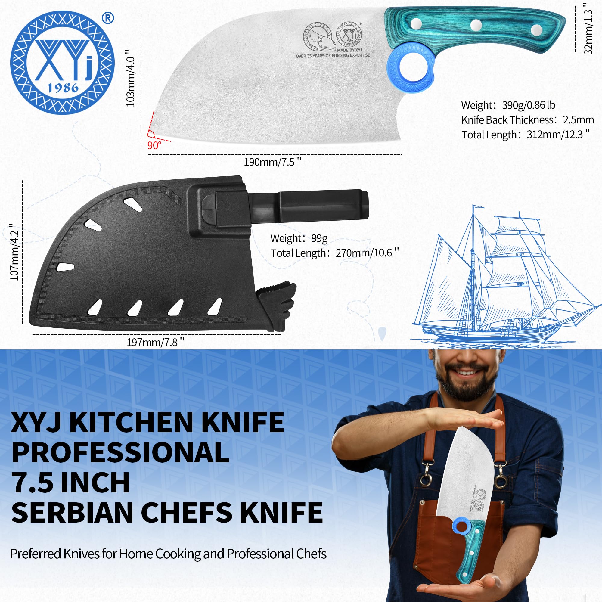 XYJ Autentico dal 1986, coltello da macellaio serbo con fodero, coltello da chef con verdure, manico in legno con fodero, per il campeggio all'aperto