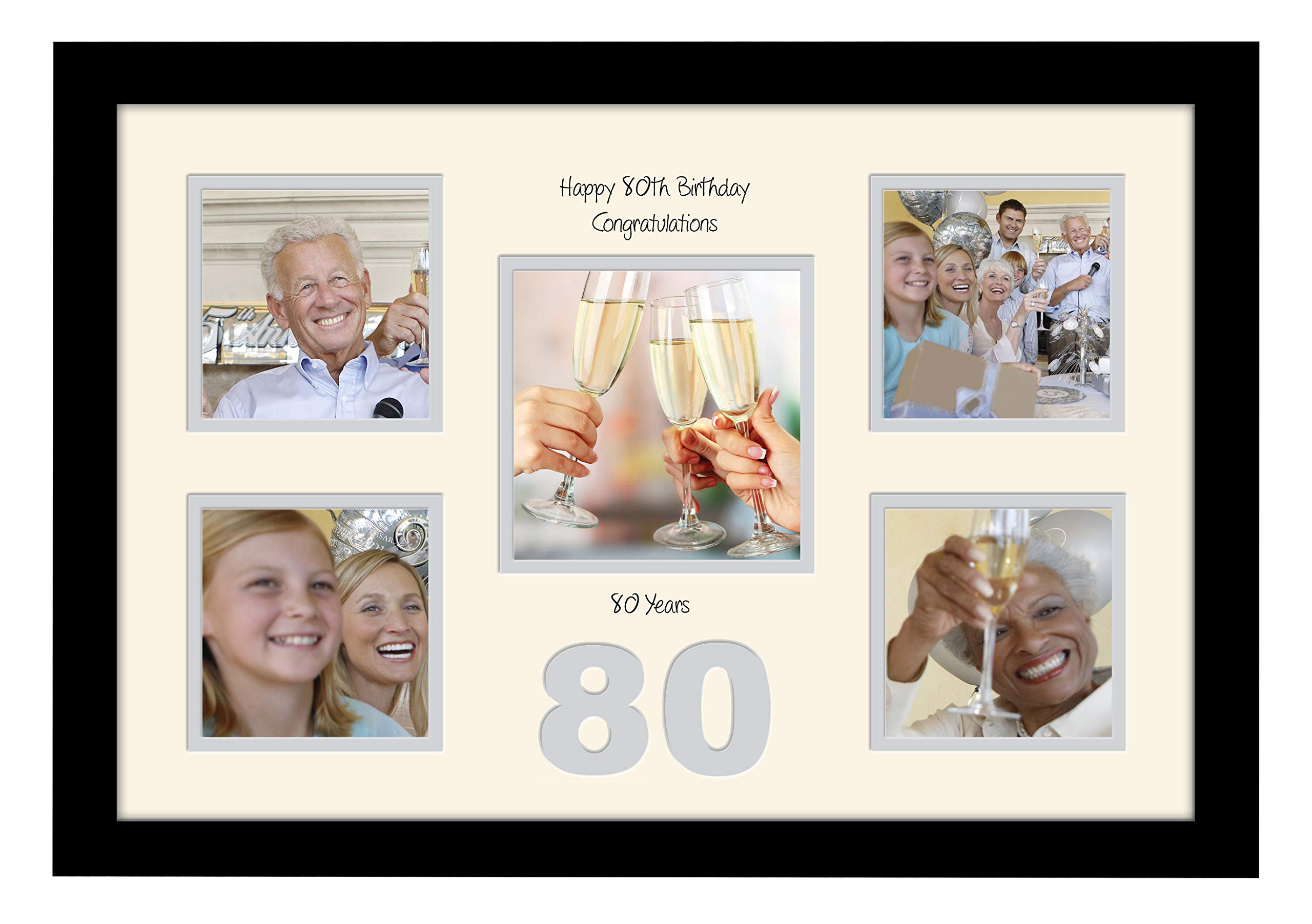 Photos In A Word Black Finish Frame Cream Mount Grey Inside 80Th Birthday Photo Frame 4"X4" X4 And 5"X5" Photo 972D (Black Finish Frame Cream Mount Grey Inside)