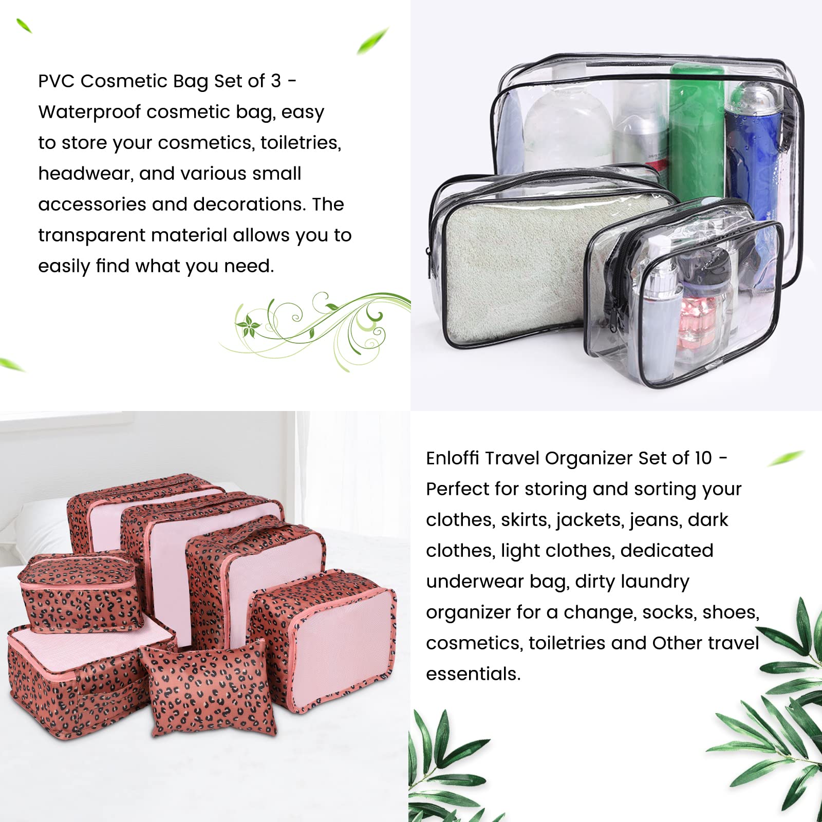 Enloffi Organizer Valigie 10 Pezzi Set Sistema di Cubo di Viaggio Impermeabili Viaggio Accessori Utili per Vestiti Scarpe Biancheria Intima Cosmetici Set di Valigie Portaoggetti, Motivo Leopardato