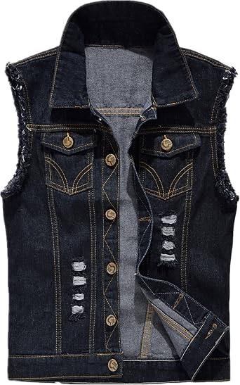 Men's Denim Waistcoat Ripped Casual Sleeveless Biker Fashion Jeans Vest #206 Blu Scuro