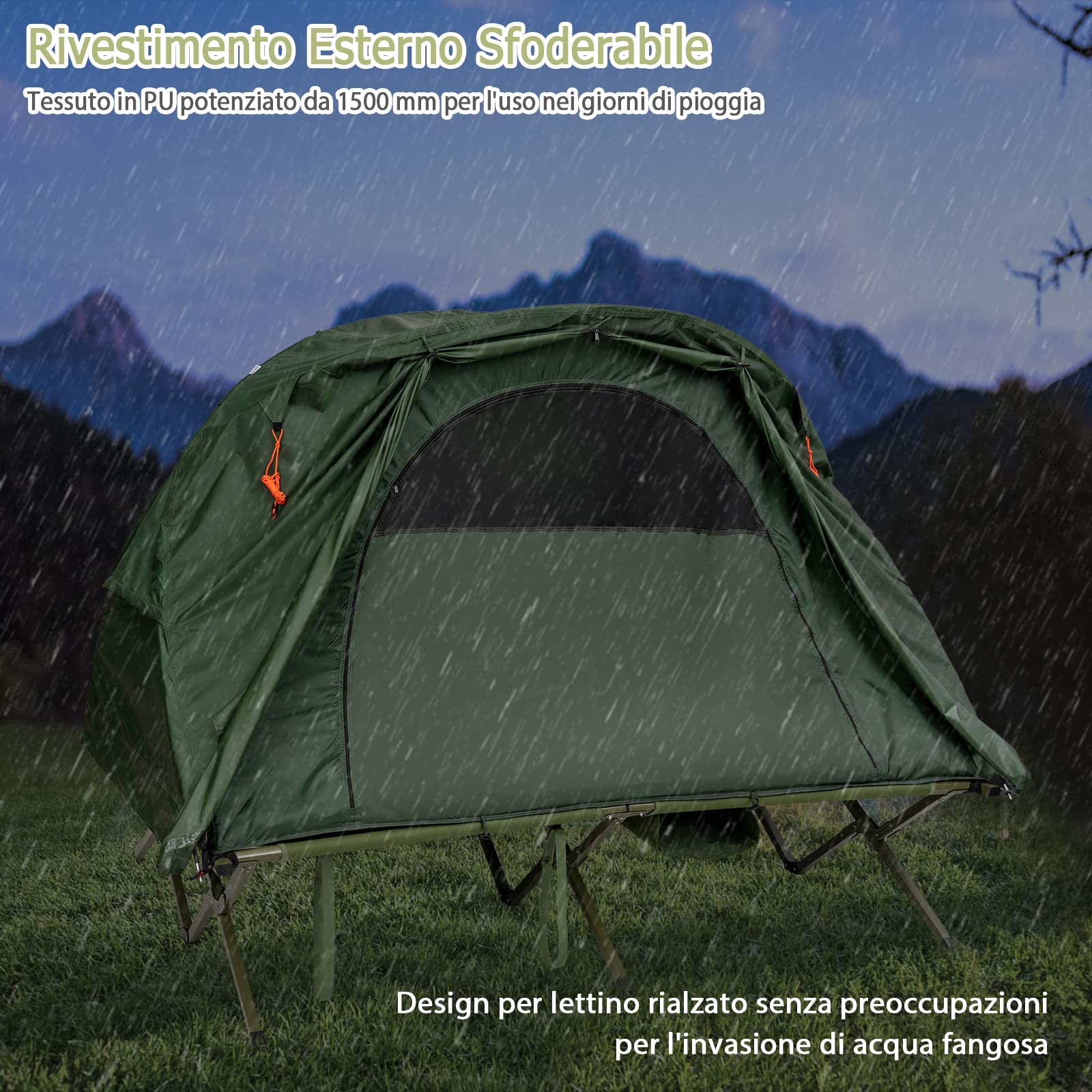 COSTWAY 4 in 1 Tenda da Campeggio Rialzata per 2 Persone, Letto Brandina da Campeggio Pieghevole con Materasso Gonfiabile Automatico, Tenda a Doppio Strato Impermeabile e Antivento con Borsa