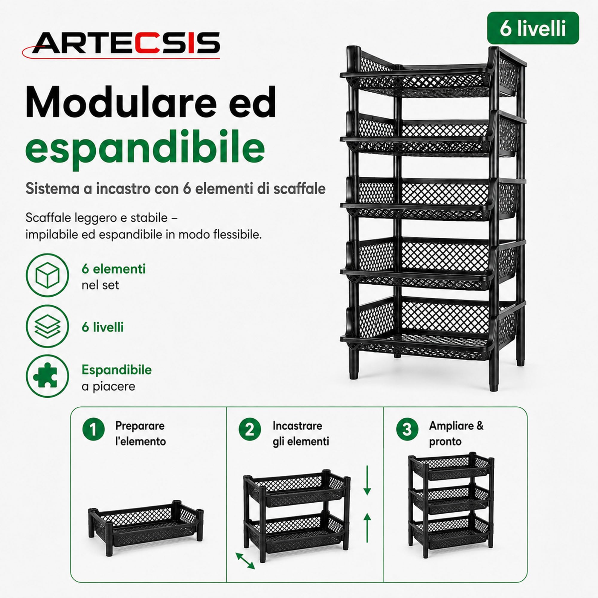 ARTECSIS Scaffale in plastica a 6 livelli 120x50x40cm, nero/max 10Kg/caso