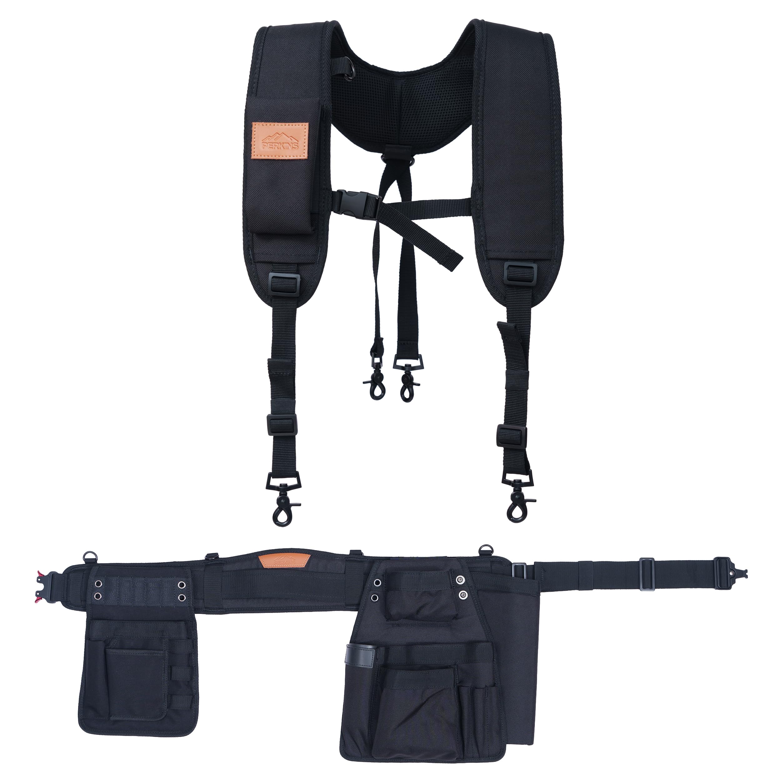 Perkins Builder Brothers Essential Tool Belt Set With Suspenders, Ideal for Framers, Carpenters and Contractors, Small Size, Black