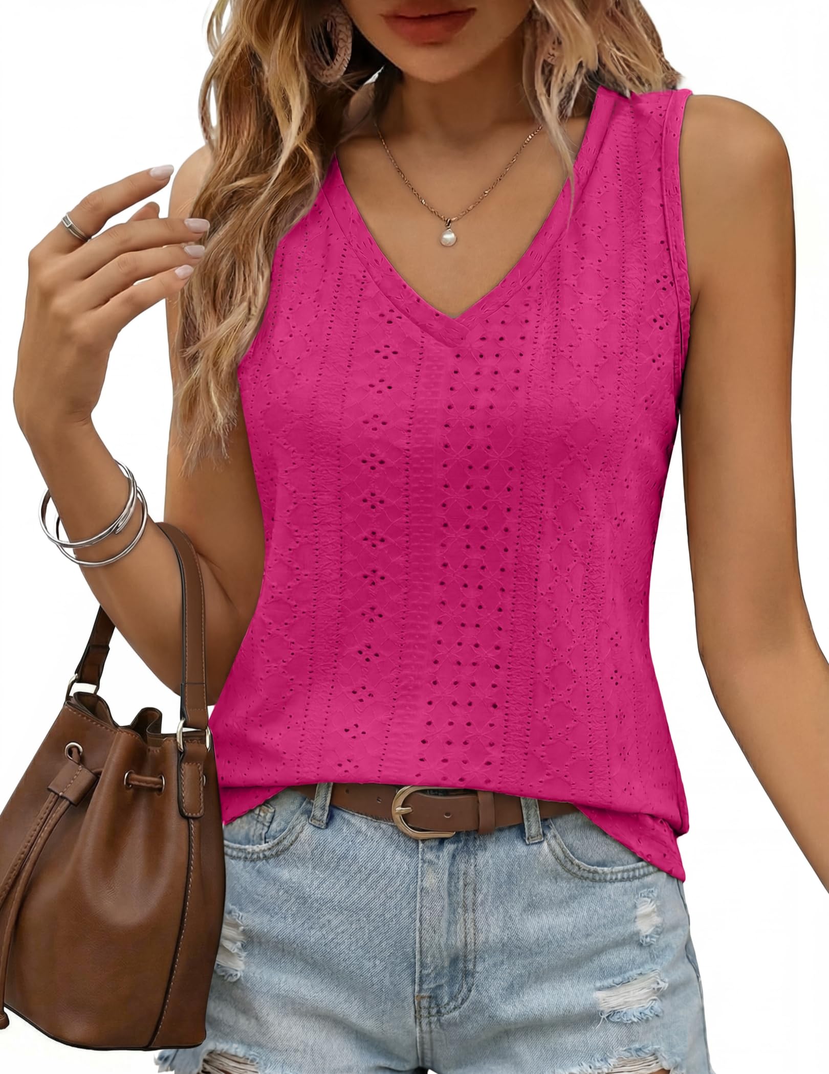 Zeagoo Camiseta de tirantes elegante para mujer, de verano, cuello en V, sin mangas, informal, de verano, con ojales, parte superior básica — view 6