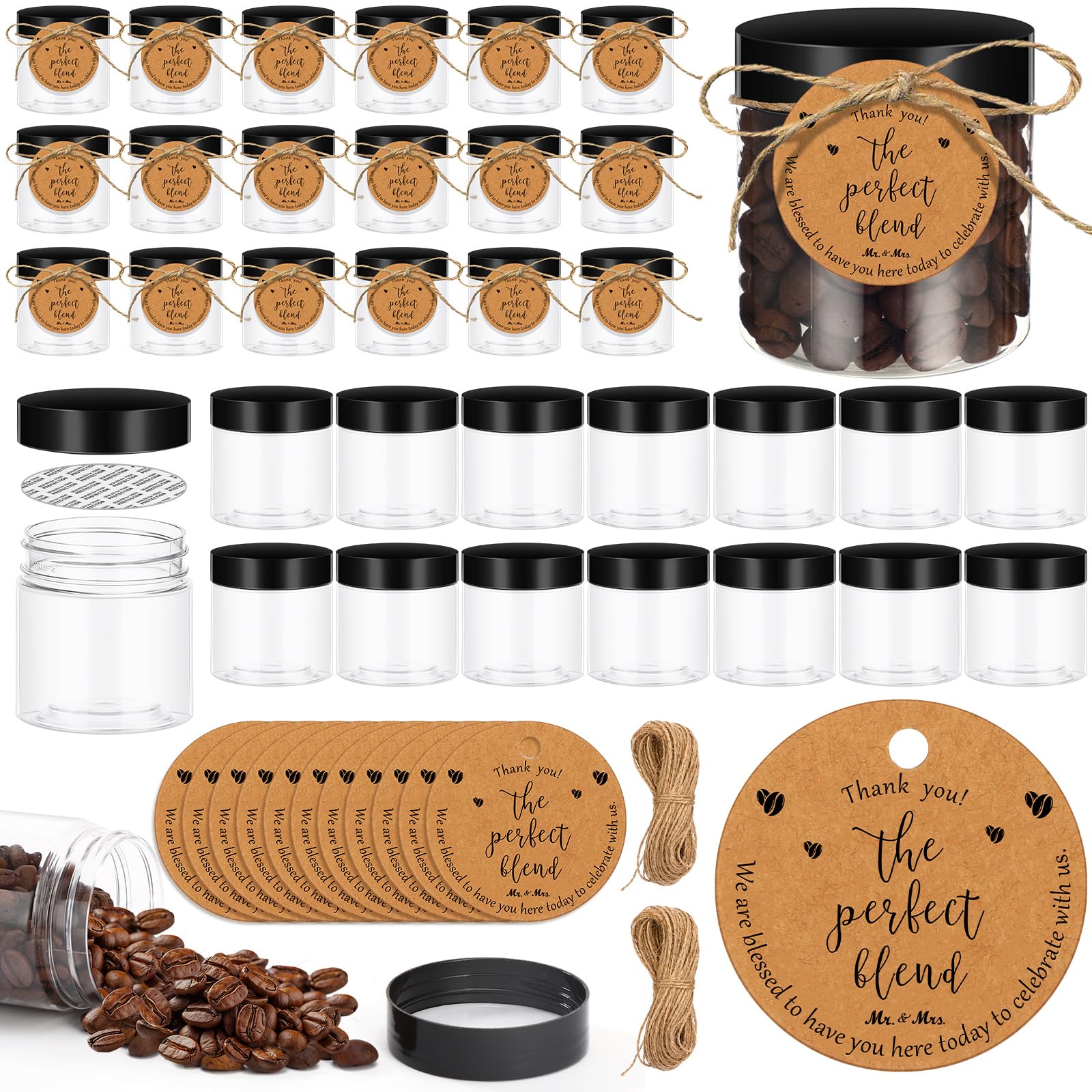 FoldTier 102 Pcs Coffee Bean Wedding Favors for Guests 50 Coffee Bean Jars with Lids 50 Thank You Tags Wedding Tags with Hemp Ropes Thank You Gifts,