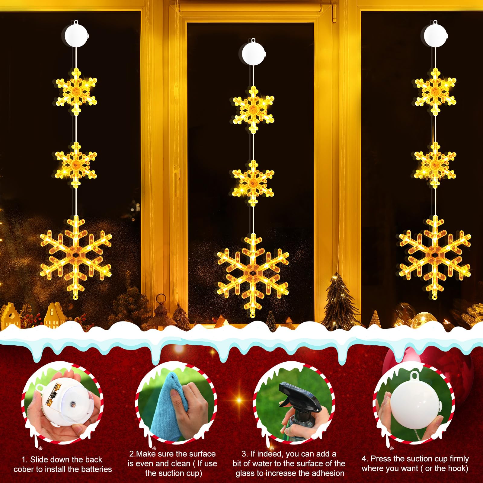Tujoe 8 Stück Timer Weihnachten Fenster Lichter Dekorationen Schneeflocke Weihnachten Hängeleuchten mit Saugnapf, 2 Modi, batteriebetrieben für Weihnachten, Urlaub, Neujahr, Außen- und Innendekoration