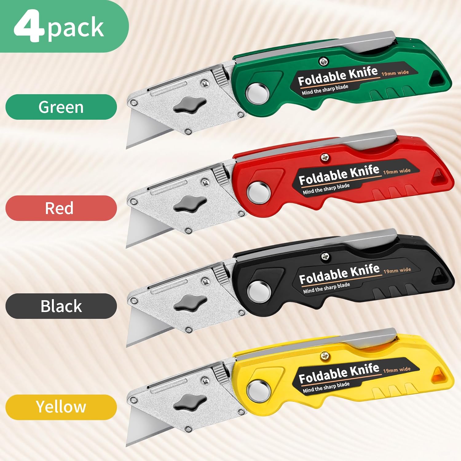 YC Kitchen Box Cutter,4-Pack Folding Utility Knife with Handle,Heavy Duty Utility Knife & Pocket Box Cutter with 10 Extra Blades,for Drywall, Sheet Plastic, Linoleum, Boxes, Rope