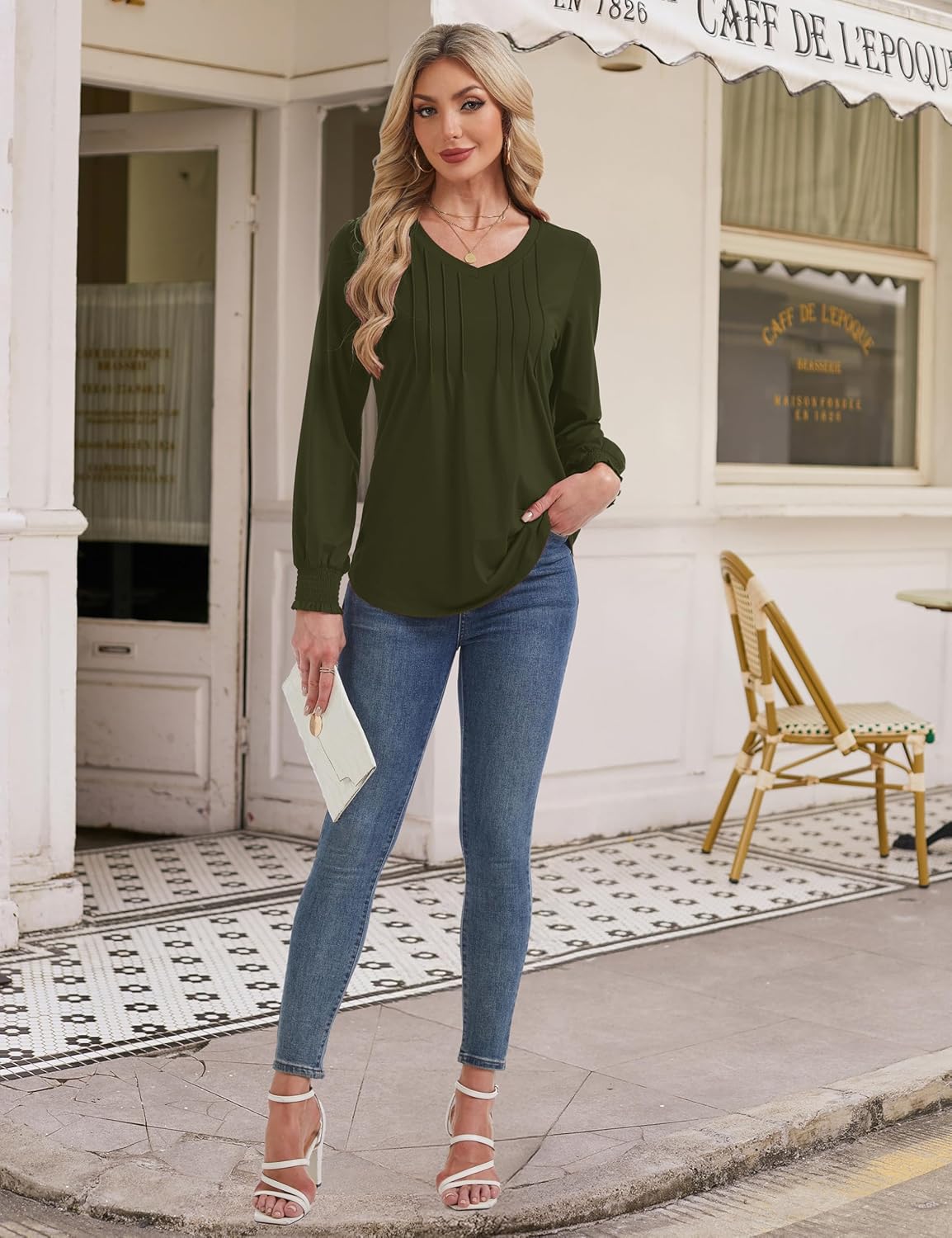 YUCOLEN Womens Long Sleeve Shirt V Neck T Shirts Pleated Dressy Casual Blouses Ruffle Cuffs Loose Tunic Tops - Image 7