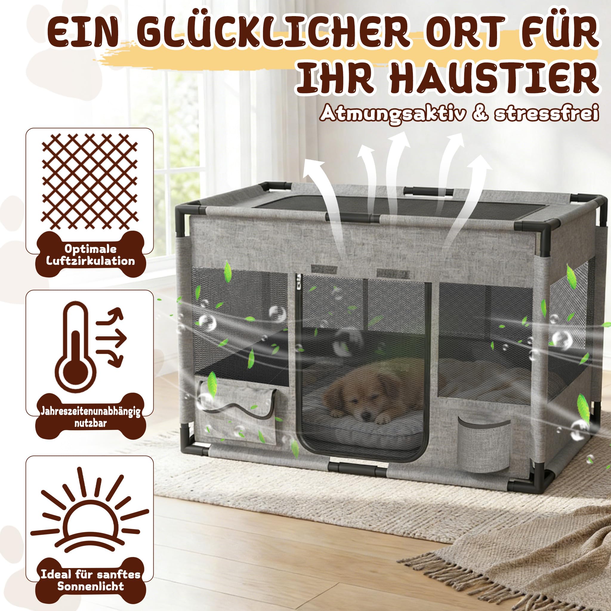 Welpenauslauf für Hunde & Katzen, 600D Oxford-Gewebe, atmungsaktive Netzfenster, PVC-Rahmen, stabil & faltbar, Indoor & Outdoor, Quadratisch, Grau, M, 85 × 65 × 65 cm