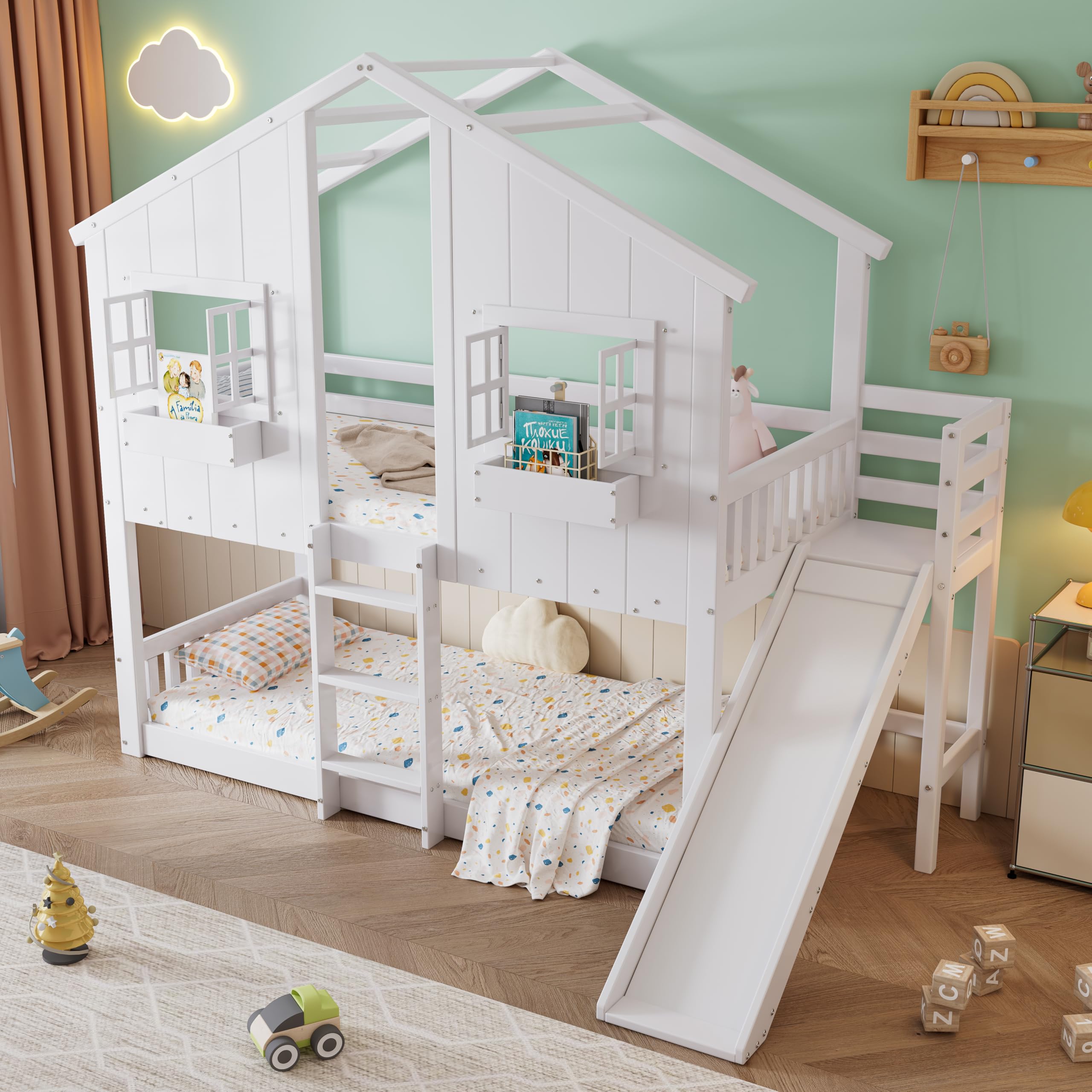 Etagenbett Kinderbett 90x200, Hochbett Hausbett für 2 Kinder, Stockbett mit Rutsche&Leiter&Fenstern&Dach&Aufbewahrungsbox, Doppelbett Holzbett mit Lattenrost&Rausfallschutz, Kiefer, Ohne Matratze,Weiß