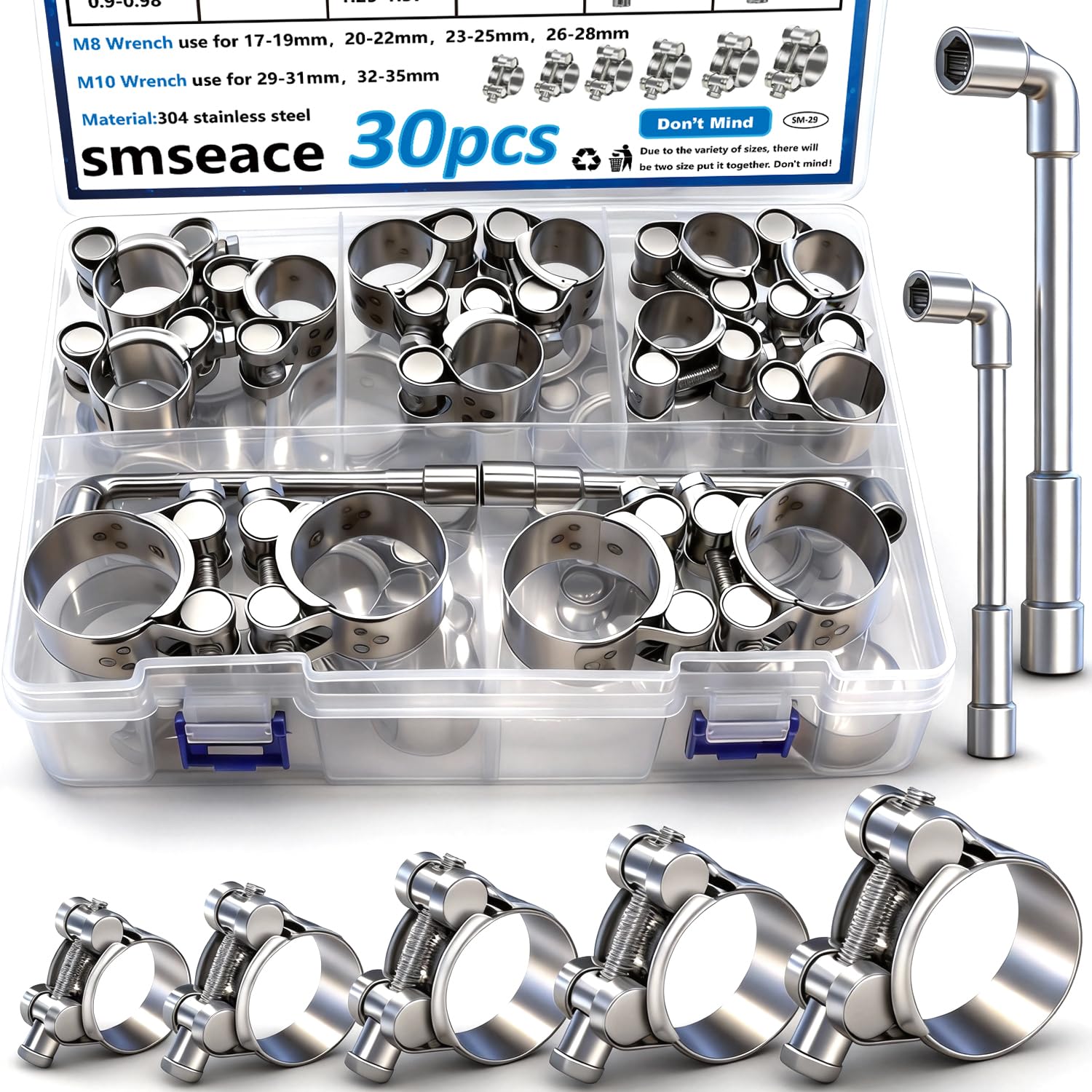 smseace 30Pcs 17-35mm T-bolt Hose Clamps 304 Stainless Steel 6-sizes Heavy Duty T bolt Hose Clamps with M8 and M10 Socket Wrenches